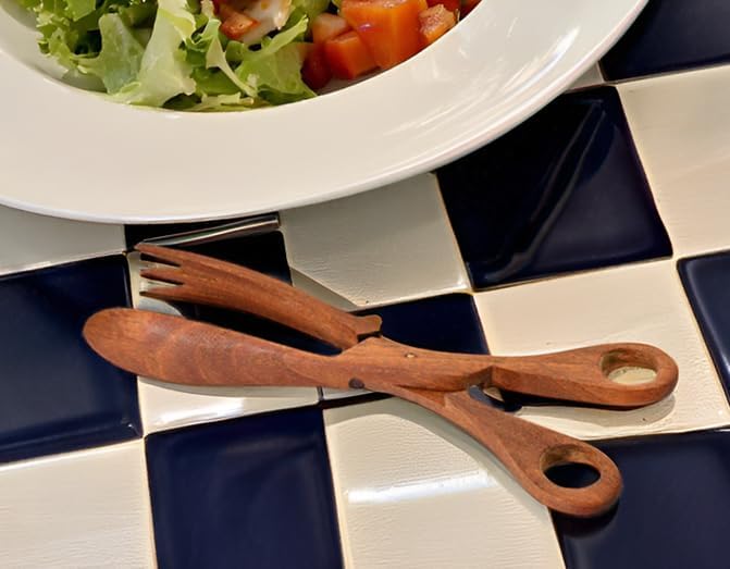 AeraVida Stylish Hand Carved Salad or Bread Palm Wood Scissor Tongs | Elegant Wooden Kitchen Utensils for Serving | Handcrafted Palm Wood Tongs