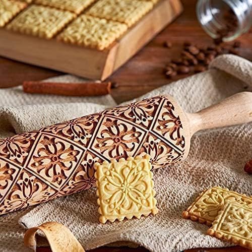 Christmas Wooden Rolling Pin for Baking,Engraved Embossing Rolling Pin Cookie Stamps Roller Square Grid Cookies Mold Kitchen Decor Tools for Kids Adults(Flower Window)