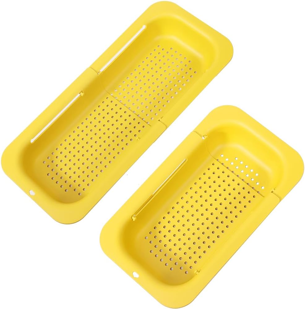 Collapsible Sink Colanders and Strainers Basket Extendable Plastic Fruit Vegetable Strainer Drainer Basket for Kitchen (Length 13.6 inch-18.7 inch) (Yellow)