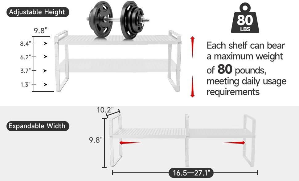 Hole Pattern Expandable Shelf Organizer,2Pack 10.2" Wide Easy to Assemble Cabinet Organizer Shelf, 16.5~27.1" Adjustable Height&Stackable Spice Organization for Cupboard, White