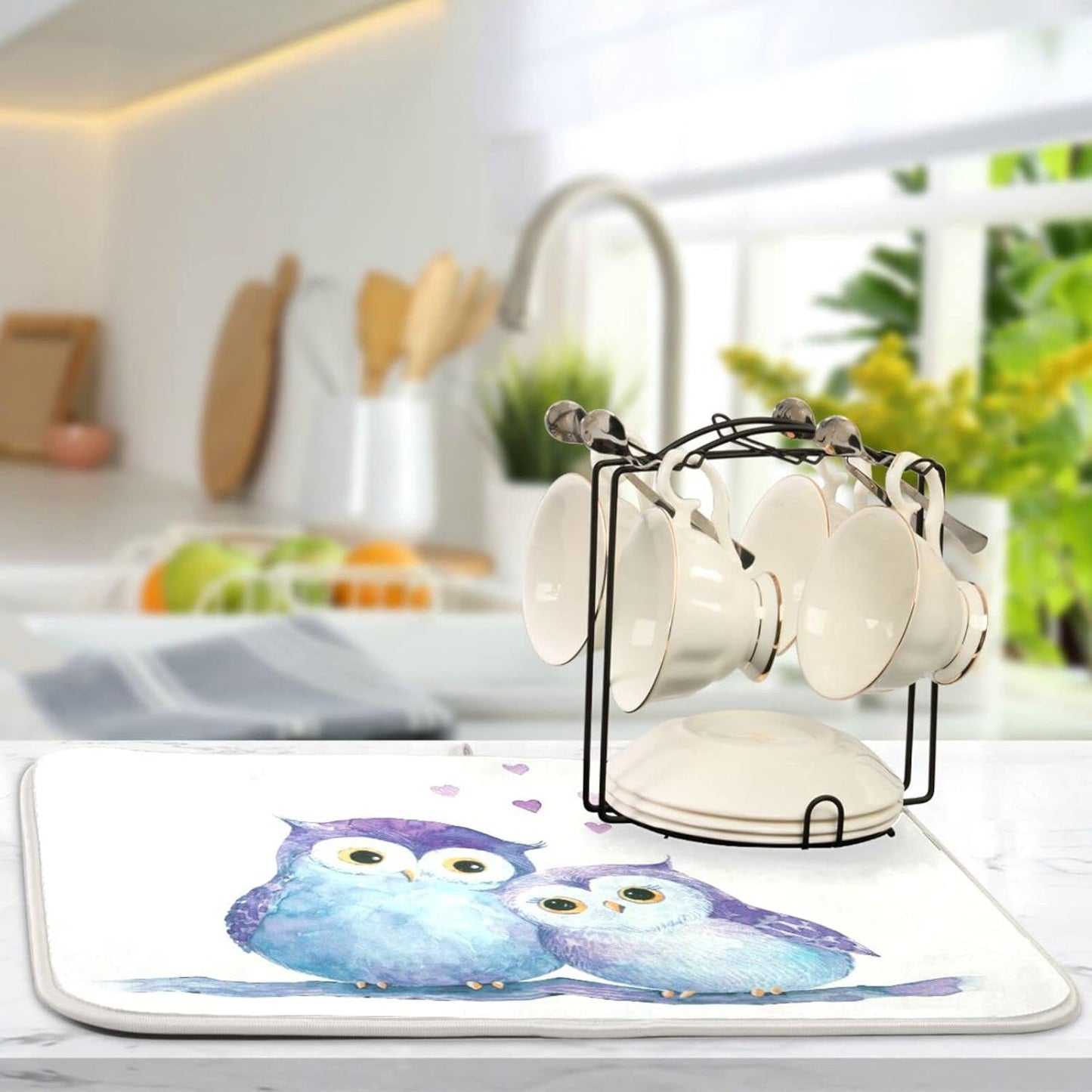 Cute Owl Dish Drying Mat for Kitchen Counter Absorbent Microfiber Drying Pad, Large 18x24 in, Reversible Drainer Mats