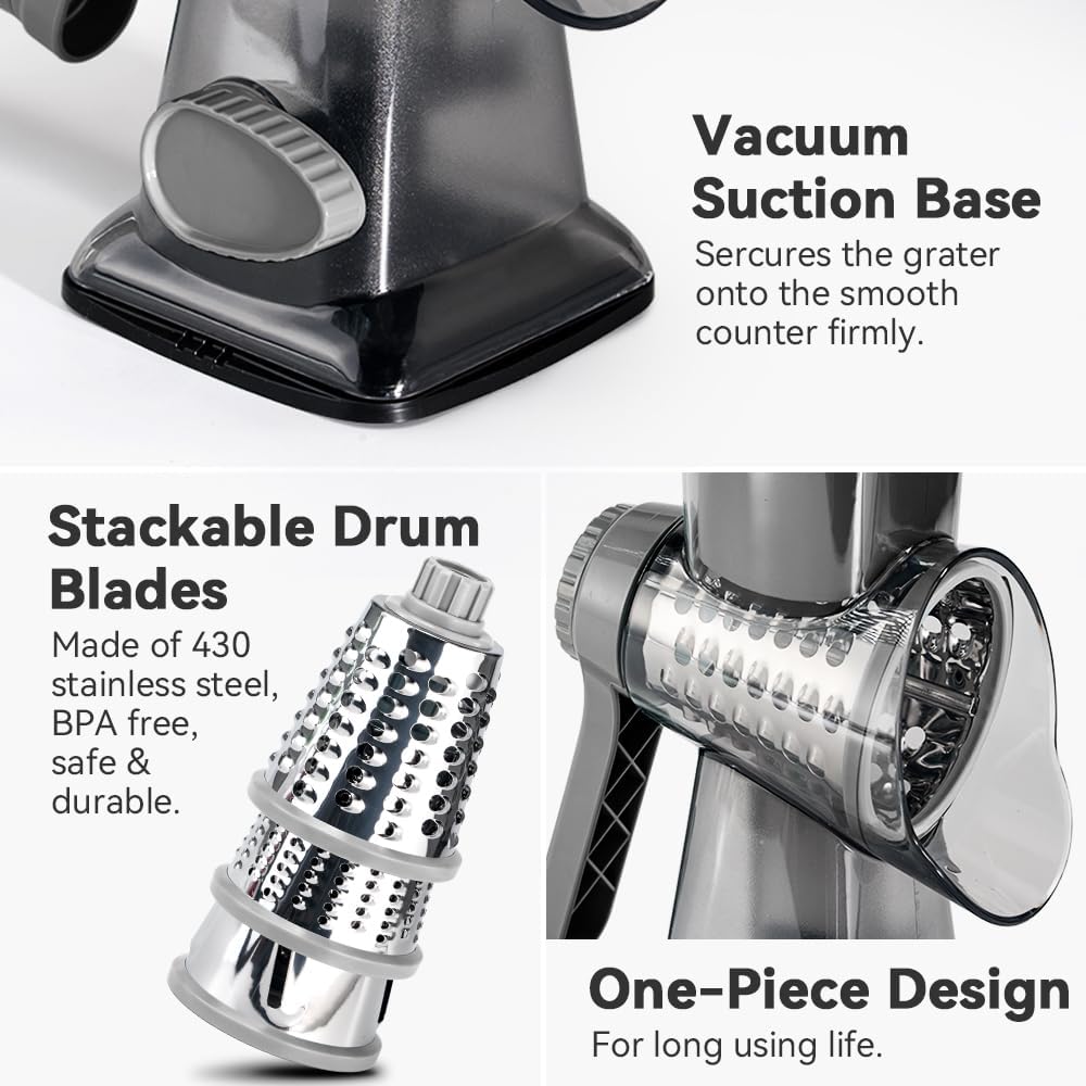 Cheese Grater Hand Crank Rotary Vegetables Shredder with Handle, 3-in-1 Graters with Interchangeable Blades and Strong Suction Base Multifunctional Slicer for Kitchen