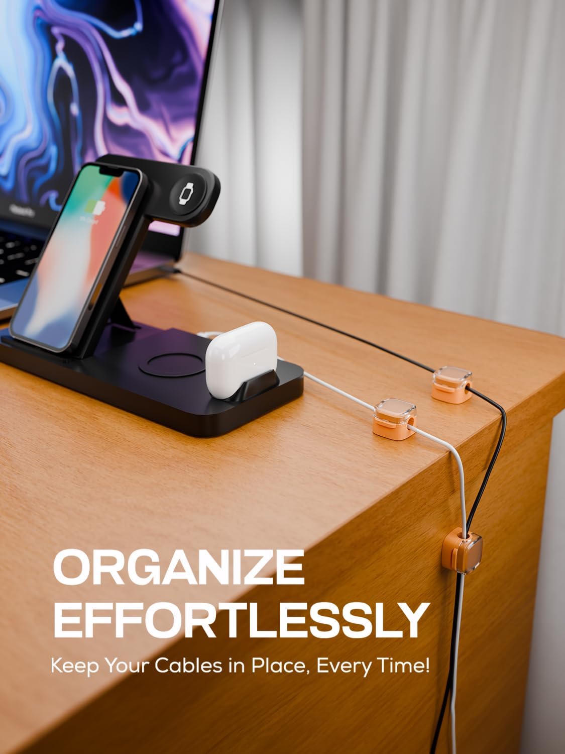 6-Pack Magnetic Cord Holder, Cord Holder with Strong Magnetic Lid, Holds Cables Firmly, 7 mm Charger Holder & HDMI Cord Organizer Clips, Strong Adhesive Pad (Orange)