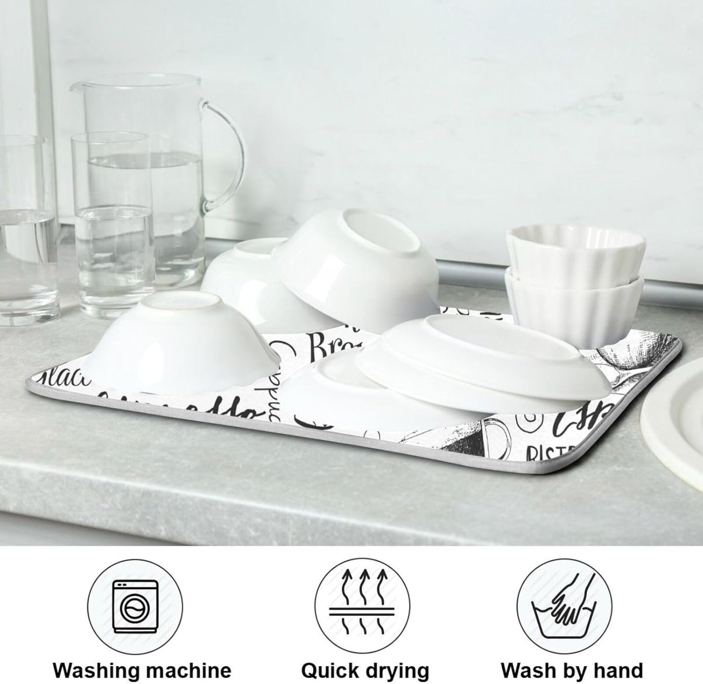 Coffee Cups Print Dish Drying Mat for Kitchen Counter Absorbent Microfiber Drying Pad, Medium 16x18 in, Reversible Drainer Mats