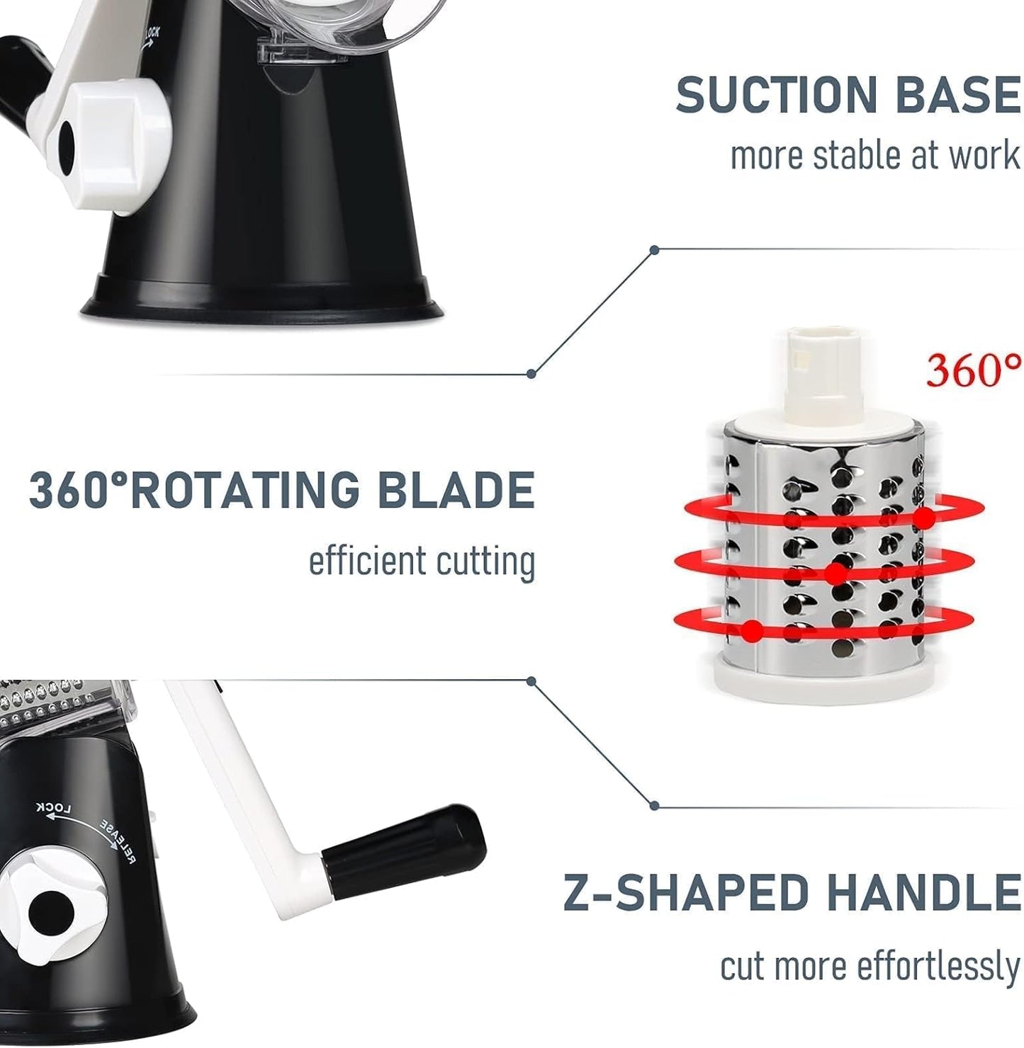 KEOUKE Rotary Cheese Grater with Handle - 3 Changeable Blades for Cheese, Vegetables, Nuts - Black