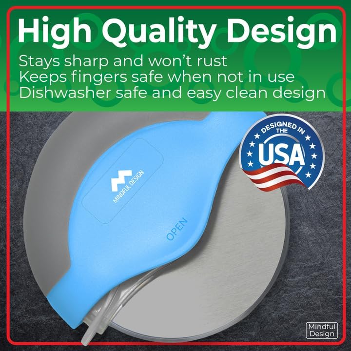 Mindful Design Pizza Cutter Wheel with Protective Blade Cover, Easy to Clean and Dishwasher Safe Ergonomic Pizza Slicer (Blue)