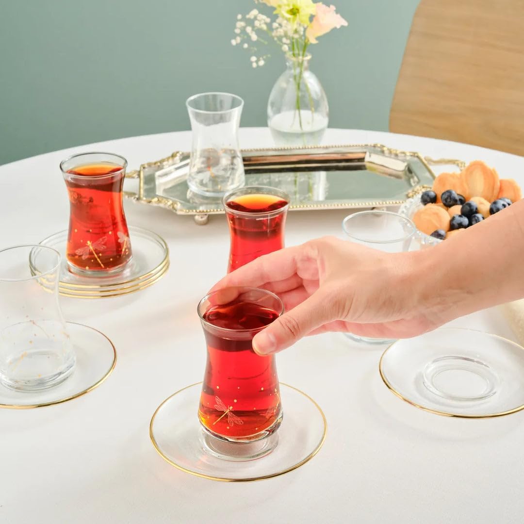 KARACA Yusufcuk Glass Elegant Tea Glass Set of 6 - (12 Piece) Clear Turkish Tea Cup Glasses and Saucers, 5.74 oz Curved Design Drinkware Cups