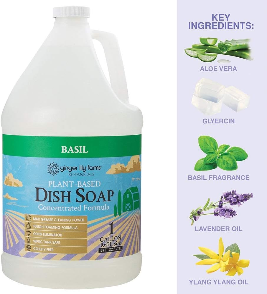 Ginger Lily Farms Botanicals Plant-Based Liquid Dish Soap, Concentrated Formula with Max Grease Cleaning Power, Cruelty-Free, Basil Scent, 1 Gallon Refill (128 Fl. Oz.) (Pack of 4)