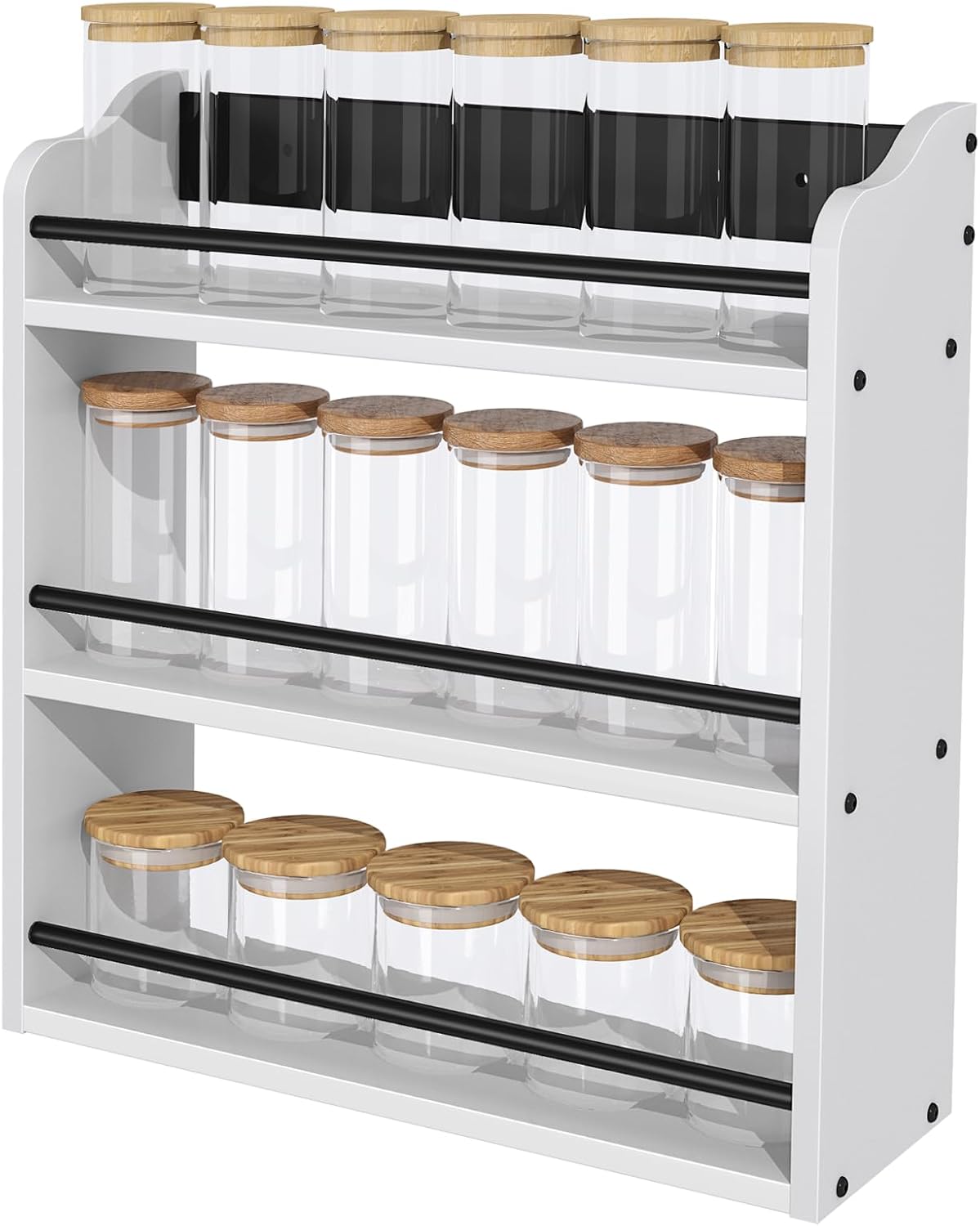 3 Tier Wooden Spice Rack, Seasoning Jars Rack Shelf Spice Organizer for Countertop or Wall Mount, Vertical Spice Holder for Kitchen Counter, Cabinet, Pantry, White