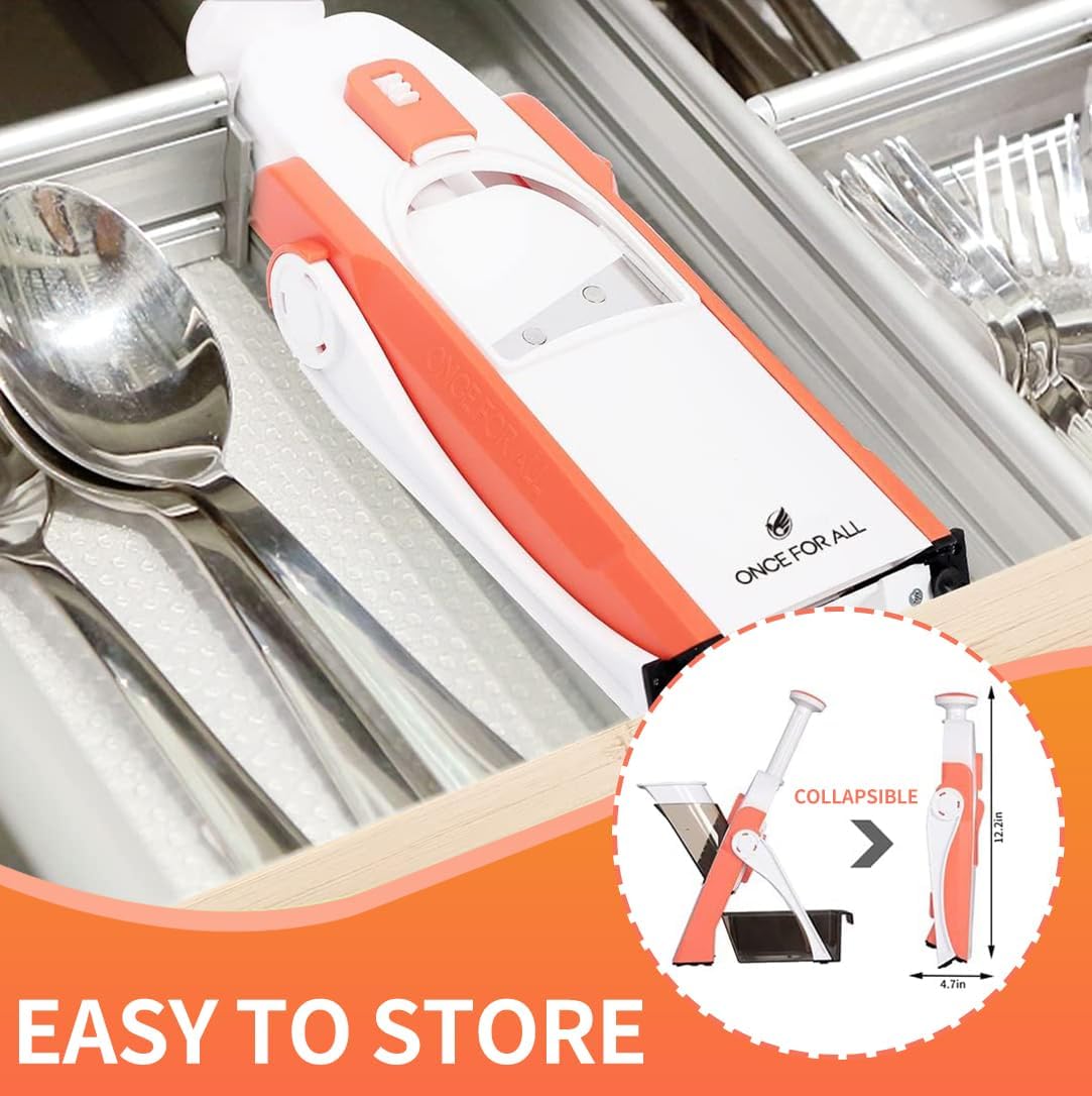 ONCE FOR ALL Safe Mandoline Slicer 5 in 1 Vegetable Cutter, Strips Julienne Dicer Adjustable Thickness 0.1-8 mm for Kitench Fast Meal Prep (Orange)