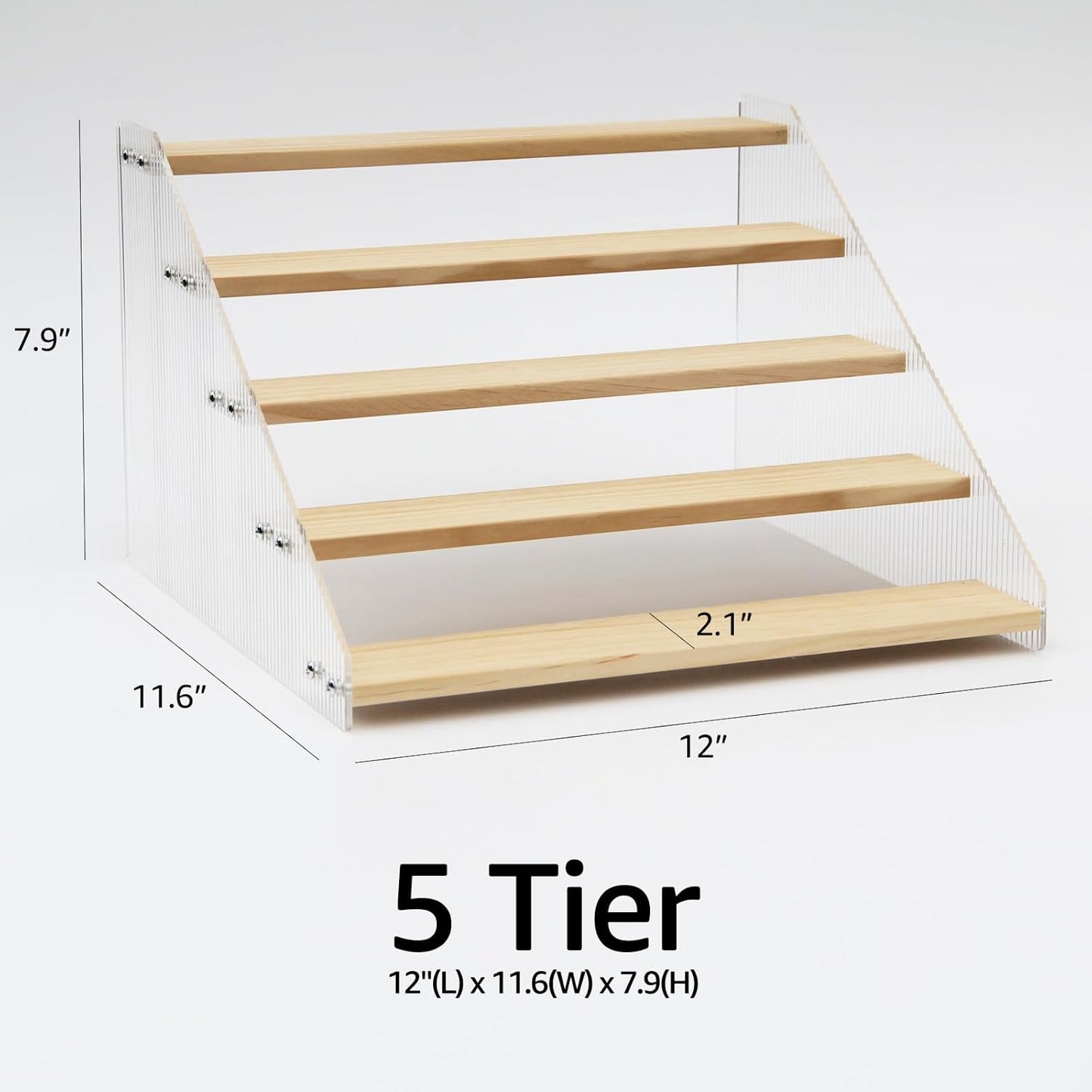 nianfeng Tiered Spice Rack, 5-Tier Spice Pantry Kitchen Cabinet Organizer, 12-Inch, Natural Wood Acrylic Stair Riser Stand, Countertop Seasoning Shelf