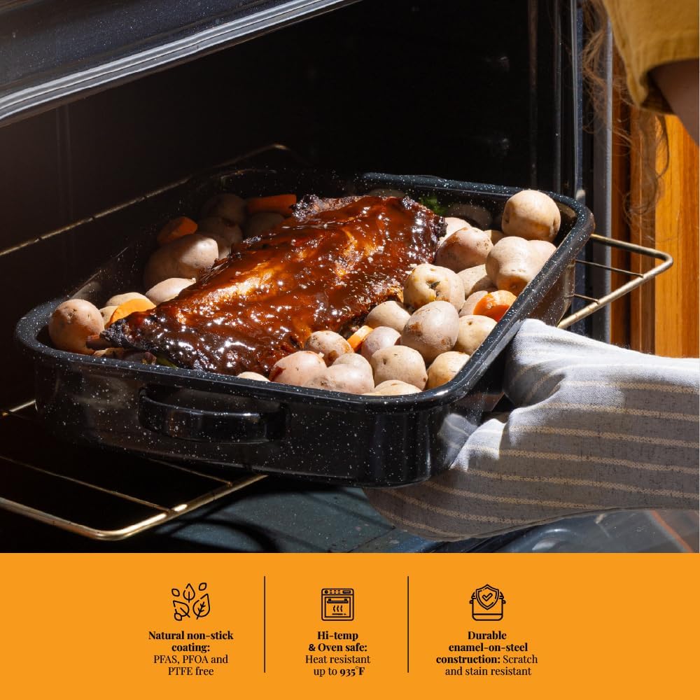 Granite Ware Open Roasting Pan with Flat Rack (Speckled Black) - Accommodates up to 25 lb poultry or roast.