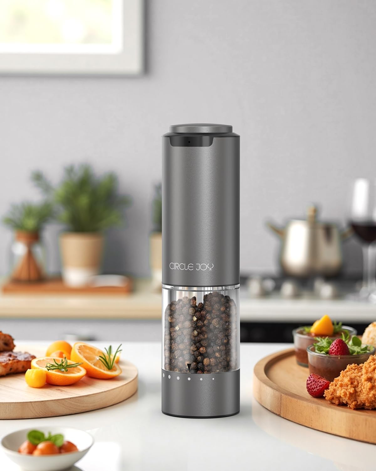 CIRCLE JOY Rechargeable Electric Salt and Pepper Grinder Set with Base, Aluminum Alloy Pepper Mills with 95ml Container, White LED Light and External Adjustable Coarseness, Space Grey