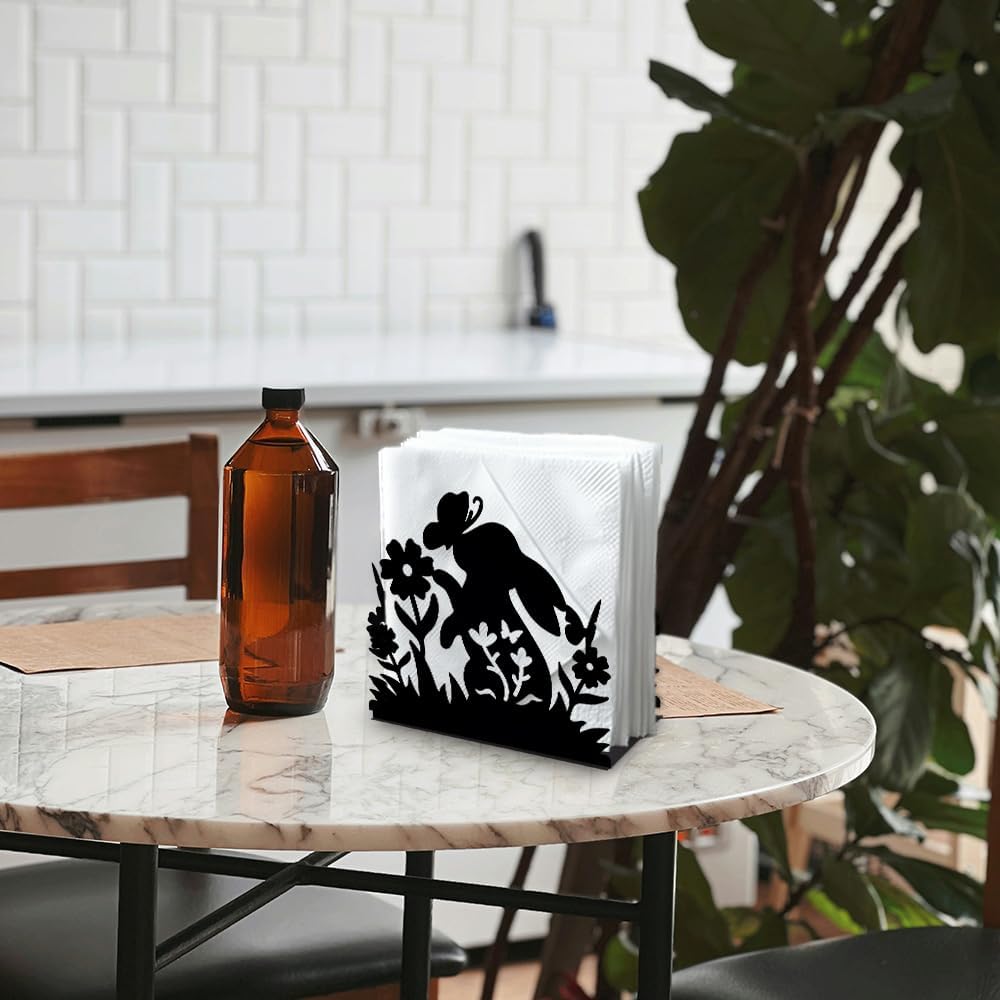 Rabbit Flower Decorative Black Metal Napkin Holder for Table, 5.3" x 4.9" x 1.9" Bunny Butterfly Animal Standing Napkin Holder for Home Kitchen Restaurant Picnic Party Coffee Bar Dining Room