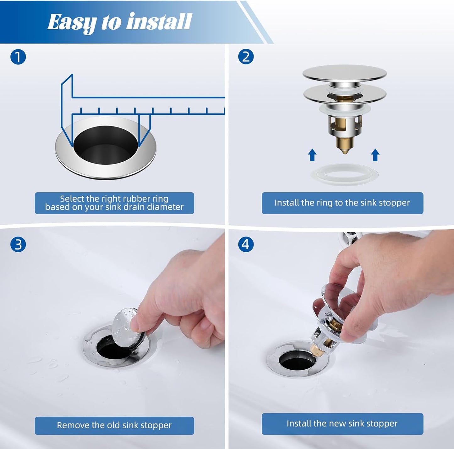 Hibbent 2 Pack All Metal Upgraded Bathroom Sink Stopper, Universal Pop Up Sink Drain Strainer, Brass Bullet Core Push Type Sink Stopper for 1.1''~2.3''' Basin, Anti Clogging Drain Filter, Chrome