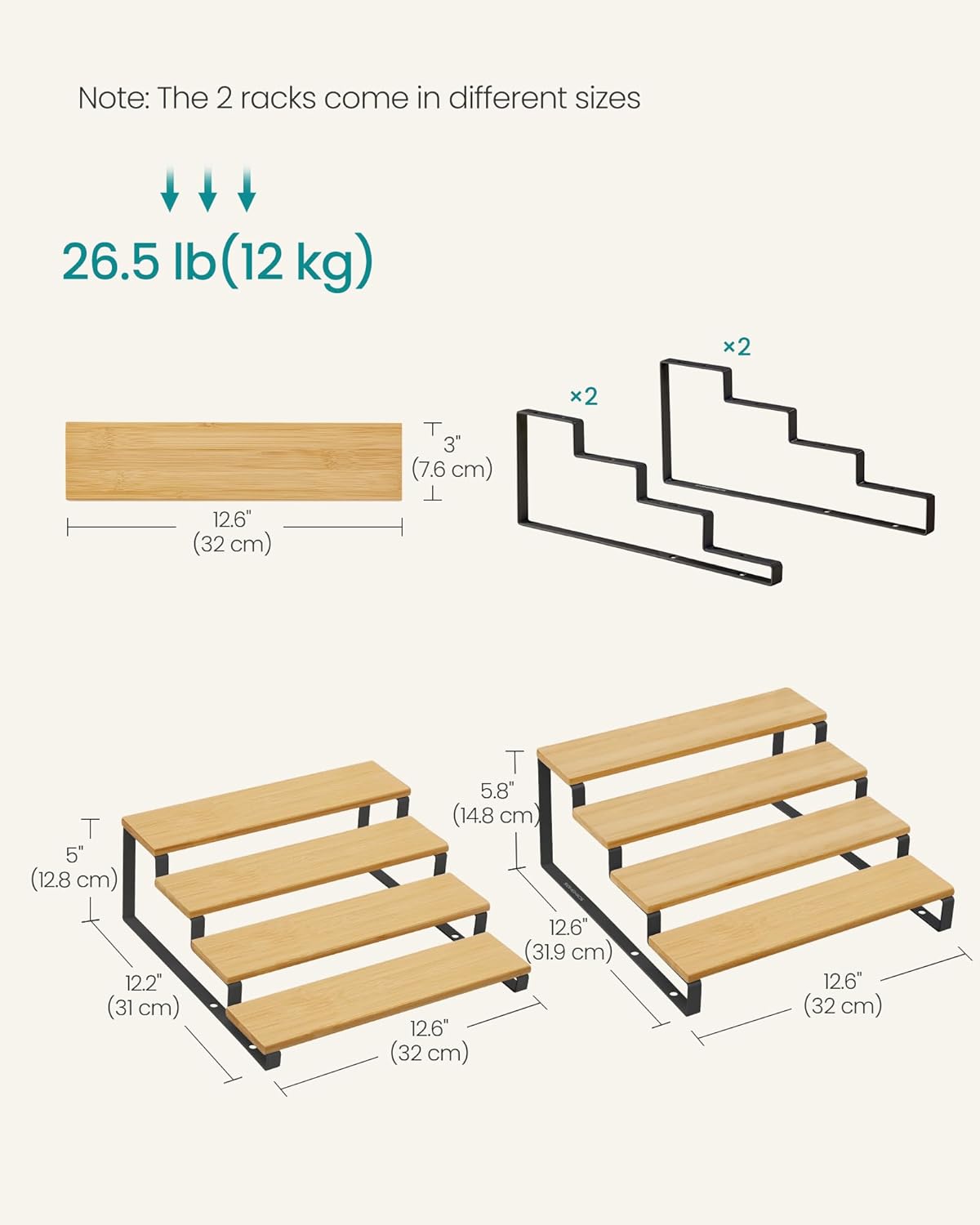 SONGMICS Display Risers, Set of 2 Engineered Wood Perfume Organizer Stand, 4-Tier Cupcake Stand Holder, Spice Rack, Shelf Risers for Figures, Dessert Shelves, Natural Beige and Ink Black UKCS216N01