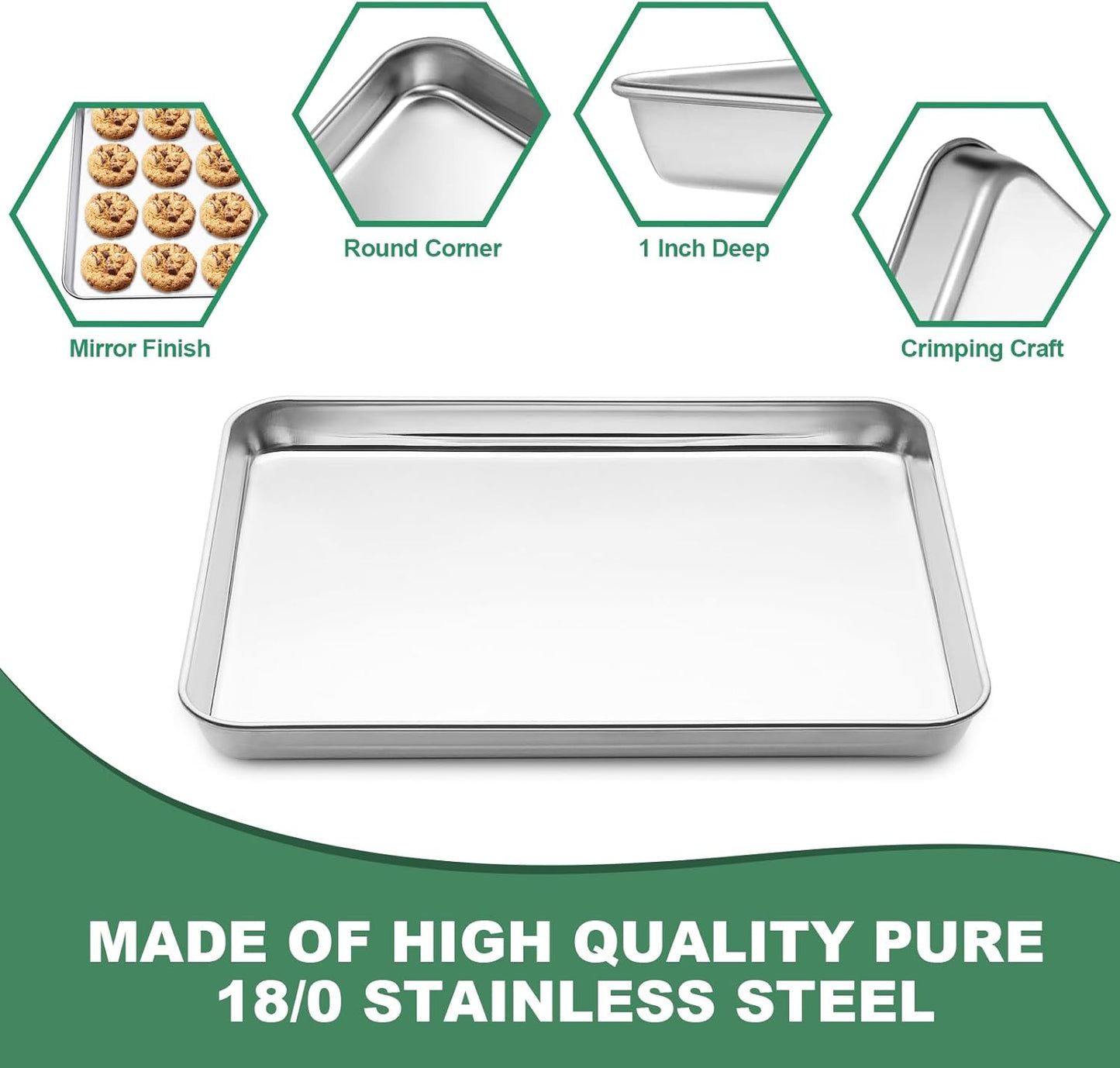 Stainless Steel Baking Sheets with Rack, HKJ Chef Cookie Sheets and Nonstick Cooling Rack & Baking Pans for Oven & Toaster Oven Tray Pans, Rectangle Size 12.5L x 10W x 1H inch & Non Toxic & Healthy