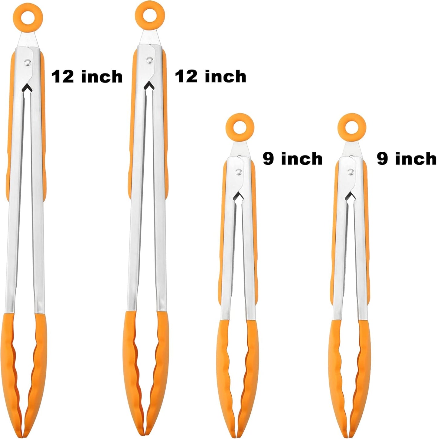 4 Pack Orange Kitchen Tongs, Premium Silicone BPA Free Non-Stick Stainless Steel BBQ Cooking Grilling Locking Food Tongs, 9-Inch & 12-Inch