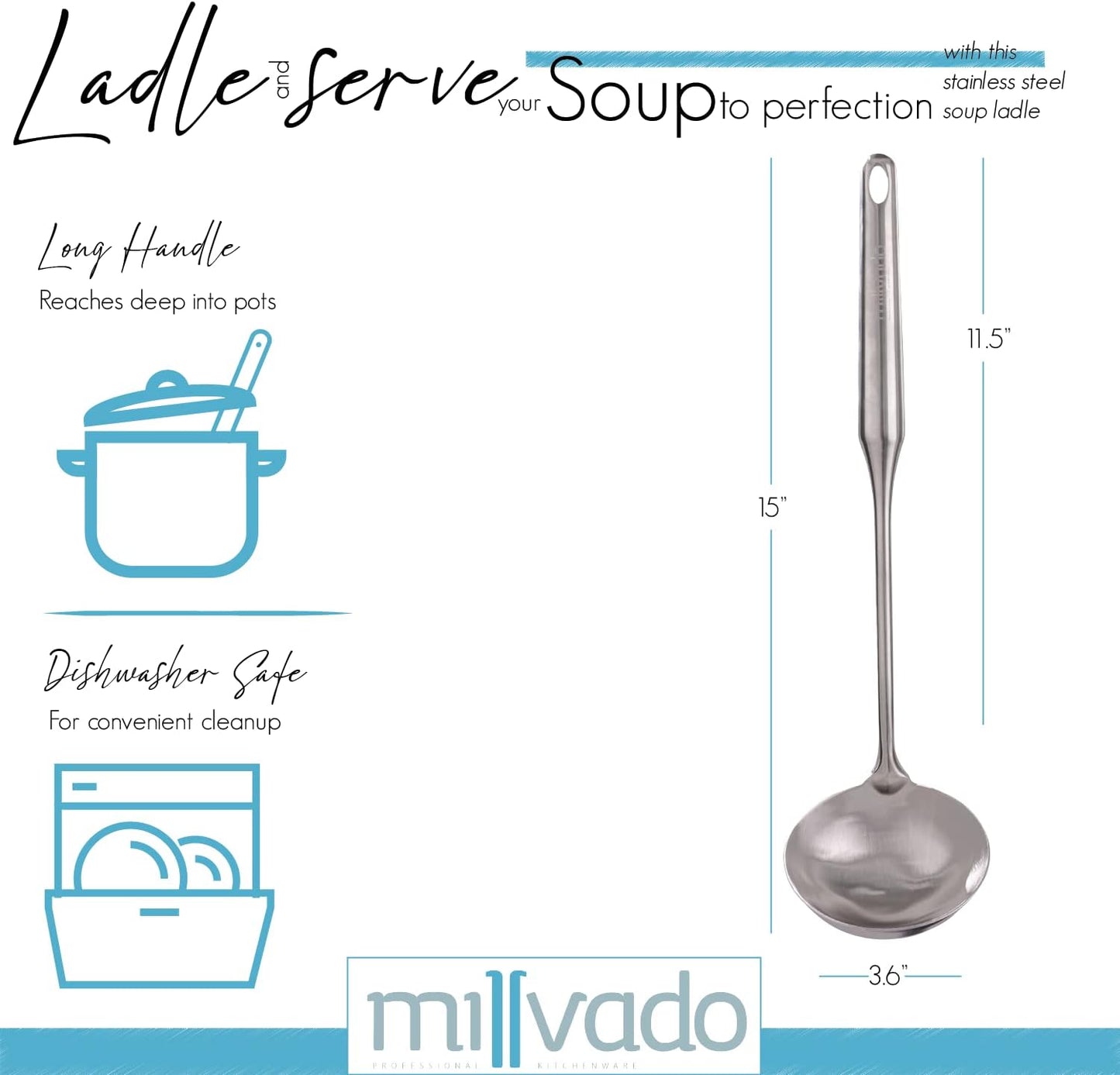 Soup Ladle, Stainless Steel Ladle, 15" Ladles for Serving or Cooking, Dishwasher Safe, Heavy Duty Durable Metal, Kitchen Ladel