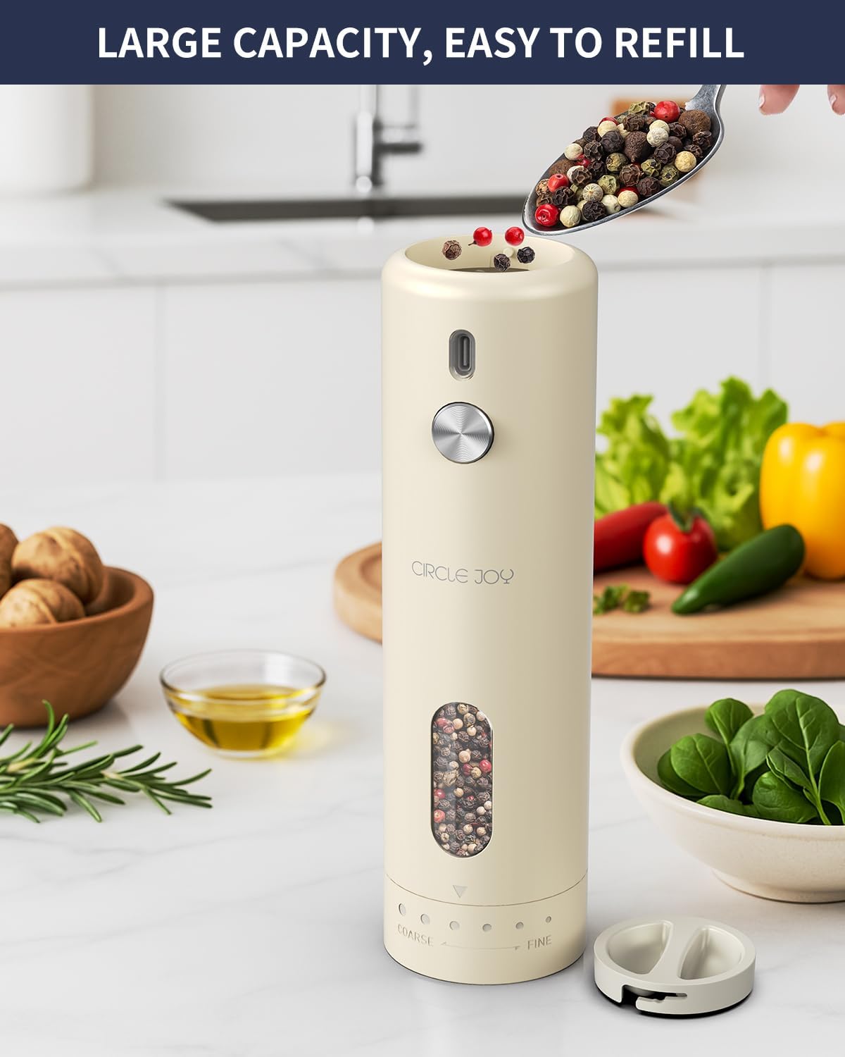 CIRCLE JOY Rechargeable Electric Salt and Pepper Grinder Set with Base, Automatic Pepper Mills with 110ml Container, External Adjustable Coarseness, White Led Light and One-Handed Operation, Begie