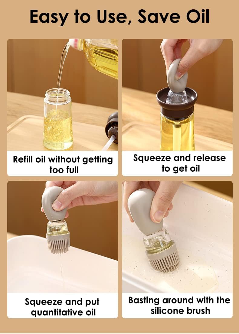 Oil Dispenser with Brush - 2 Pack Glass 2 IN 1 Olive Oil Dispensing Bottle with Basting Brush for Cooking Frying Baking Kitchen, 180ml, T-OB21 Blue+Grey