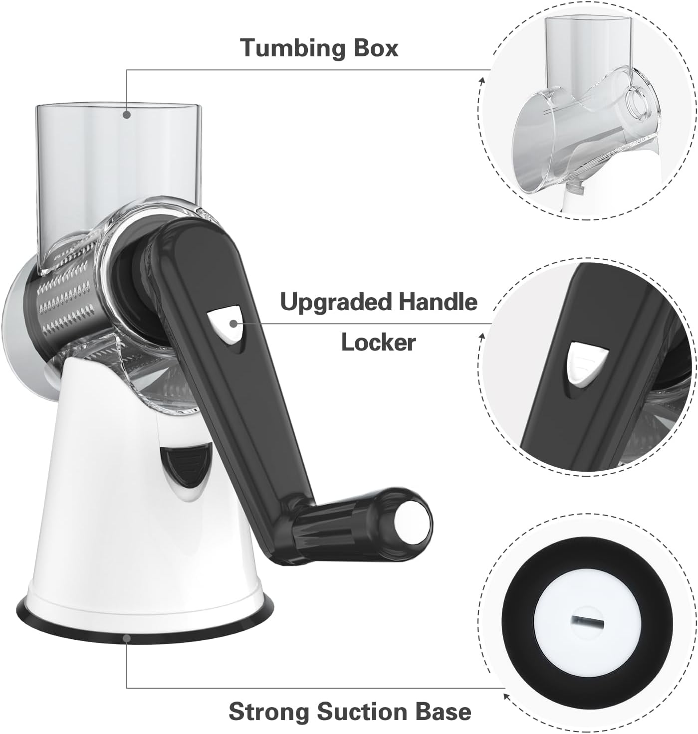 Cambom Rotary Cheese Grater Hand Crank Cheese Shredder for Fresh Cheese, Vegetable, Nuts,Non-slip Suction Base, Free Cleaning Brush Three Blades, White and Black