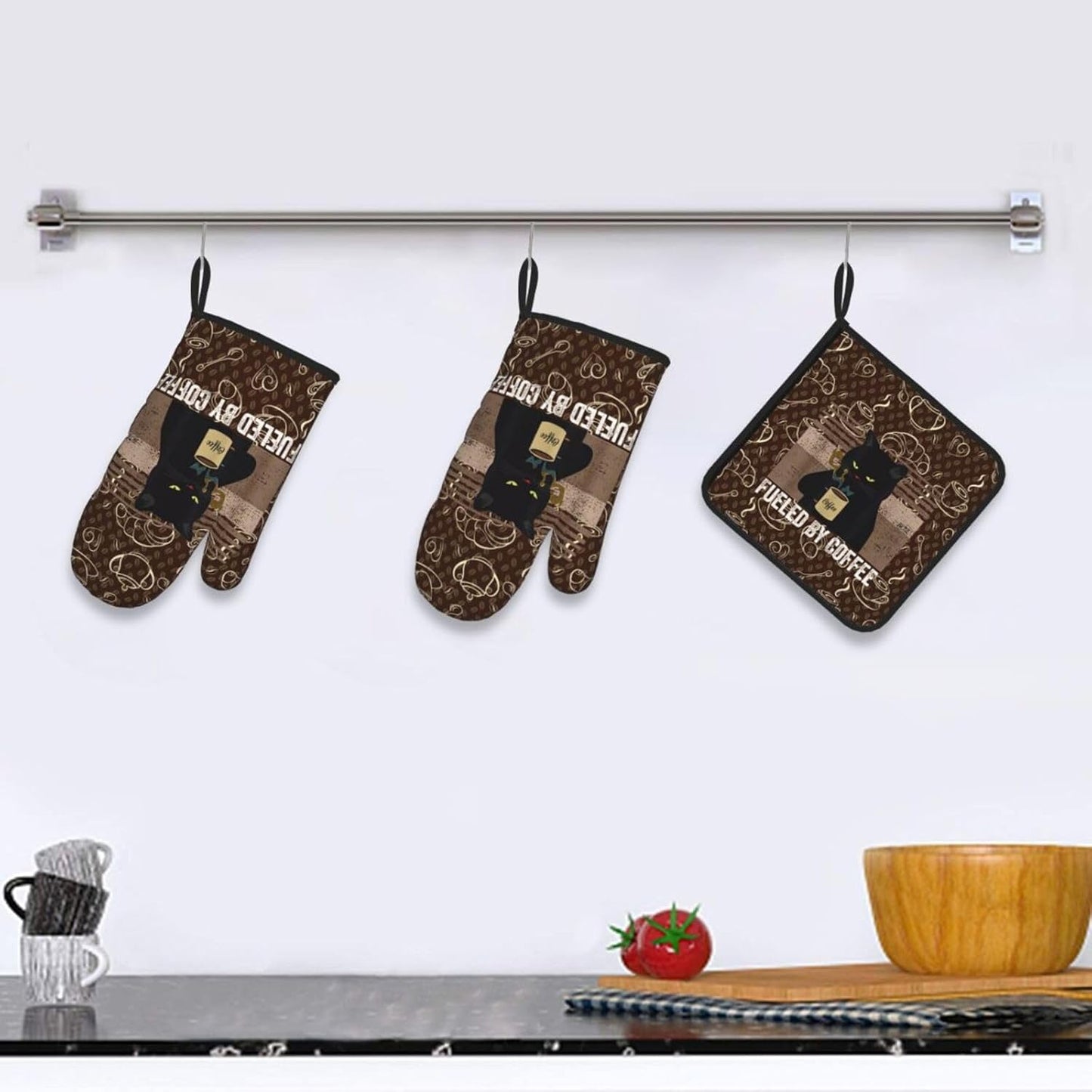Vintage Cat Oven Mitts and Pot Holders Sets of 3 Retro Coffee Hot Pads Oven Gloves Heat Resistant Non Slip Washable for Kitchen Cooking Grilling Baking