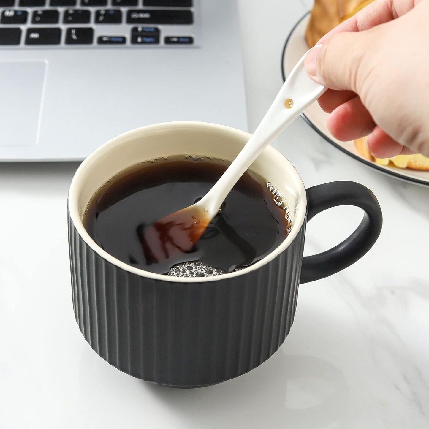 Hasense Large Coffee Mug Set of 4 with Rack - 15 oz Stacking Ceramic Ribbed Latte Cups Set for Cappuccino, Tea, Hot Cocoa, Drinks - Dishwasher & Microwave Safe Assorted Colors