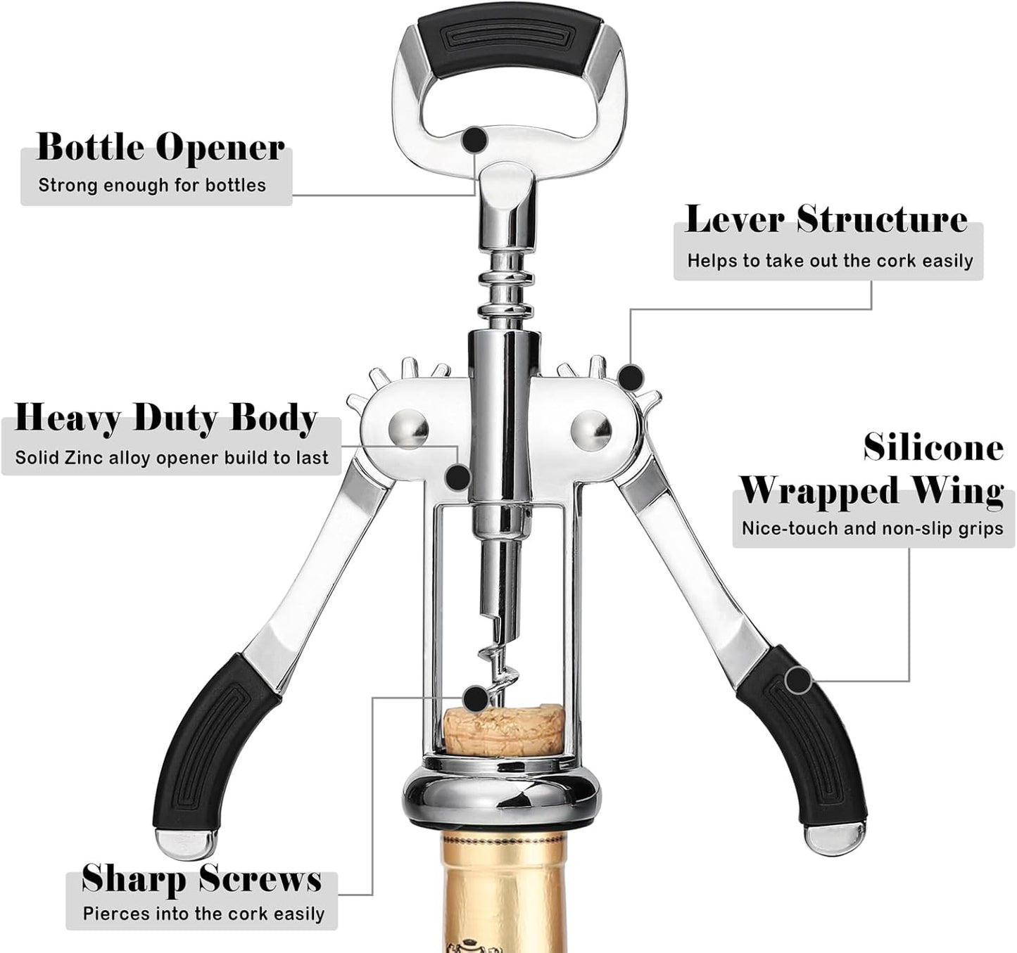Wing Corkscrew Set Zinc Alloy Premium Wine Opener,Multifunctional Wing Corkscrew and 2 Wine Corks,1 Wine Foil Cutter for Bar Home Kitchen