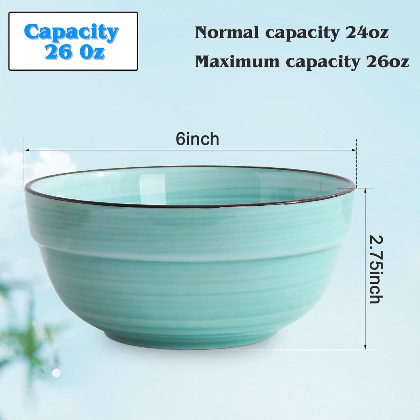 HAPPY KIT Ceramic Serving Bowls, 6 Inch Colorful Bowls for Kitchen, 24 Ounce Soup Bowls Set of 6, Dishwasher & Microwave Safe, Porcelain Bowls for Cereal Soup Rice Pasta Salad Oatmeal Soup