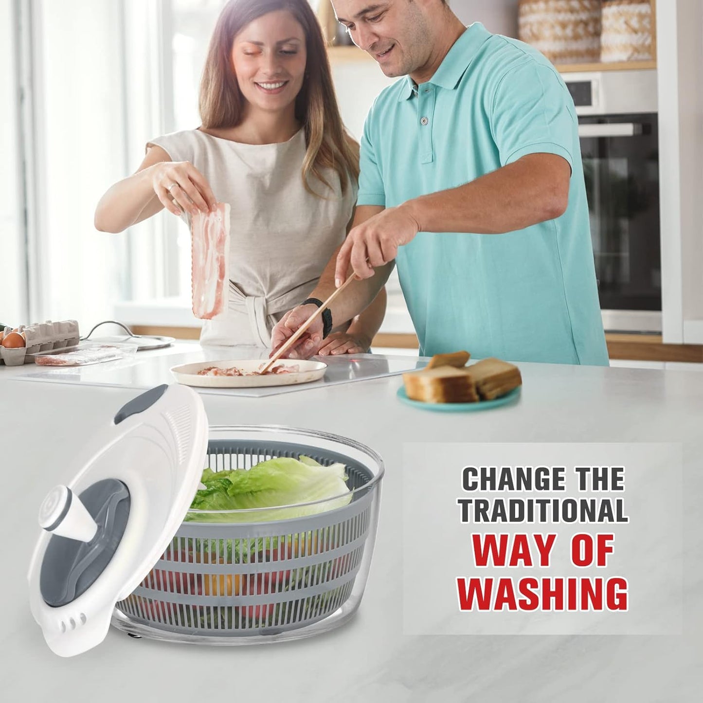 Smile mom Salad Spinner Large Lettuce Spinner Kitchen Gadgets, Large Salad Spinner Vegetable Washer, High Efficiency for Home Kitchen Washing & Drying Leafy Vegetables With Rotary Handle 4.2Qt Grey