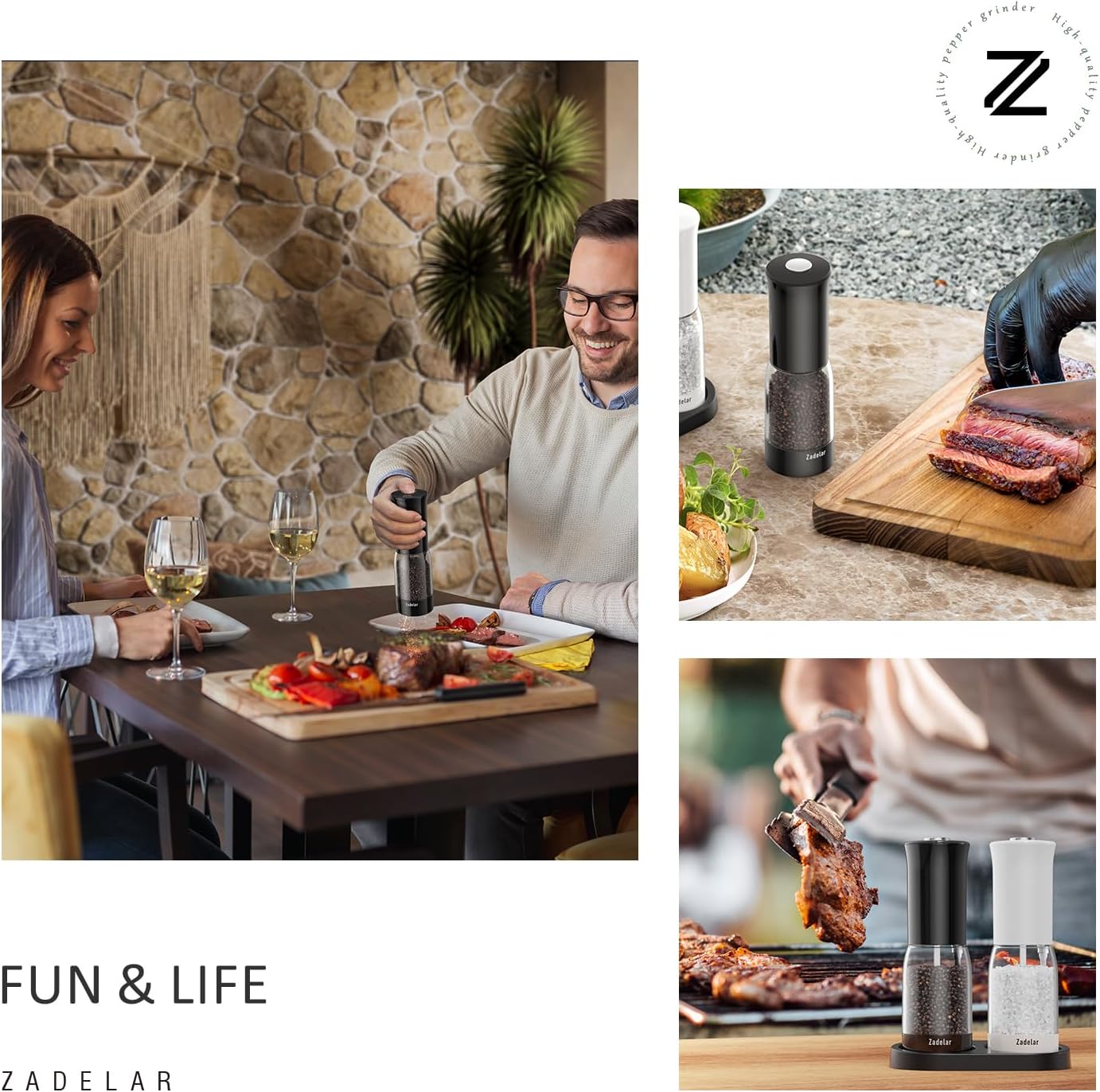 Salt and Pepper Grinder Set with LED Power Display Larger Capacity Salt and Pepper Shakers Set Rechargeable Electric with Flexible Coarsenes LED Light One Hand Operation for Kitchen(White+Black)