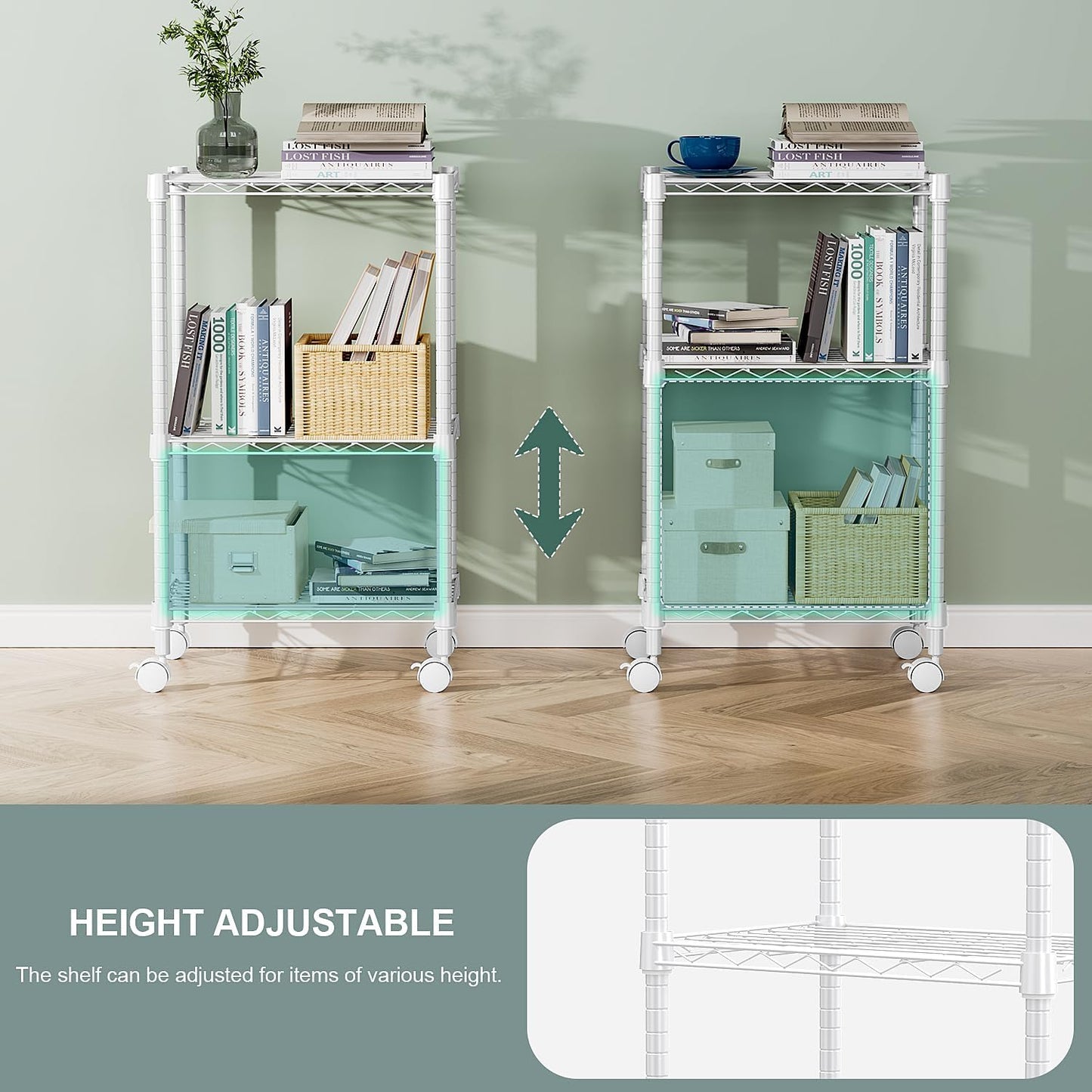 3 Tier Shelf Metal Storage Shelves Wire Rack Closet Organizers with Wheel for Garage Kitchen Bathroom Laundry White 11.8" D x 17.7" W x 29.8" H