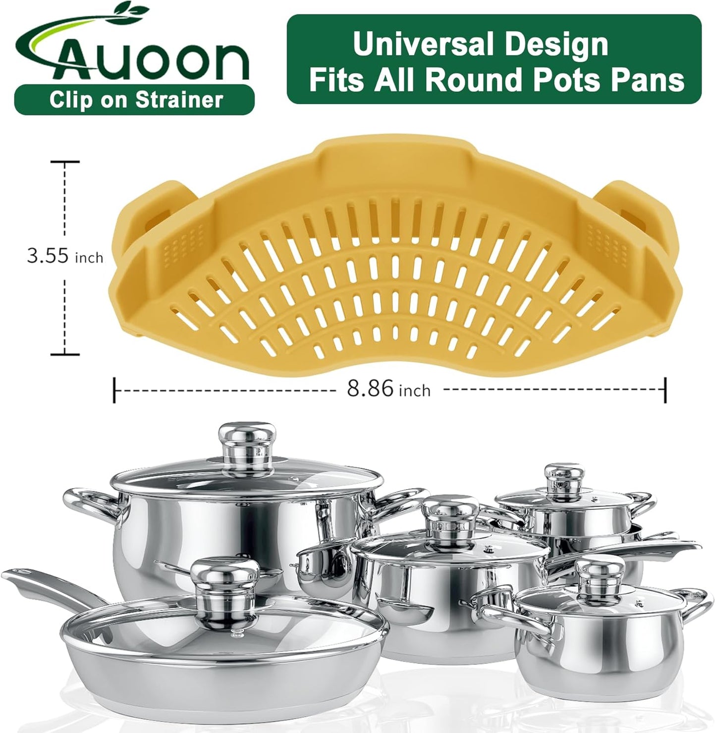 AUOON Clip on Strainer - Silicone Pasta Strainer for Pots Pans and Bowls | Space-Saving Kitchen Essentials for Cooking and Draining | Dishwasher Safe (Misted Yellow)