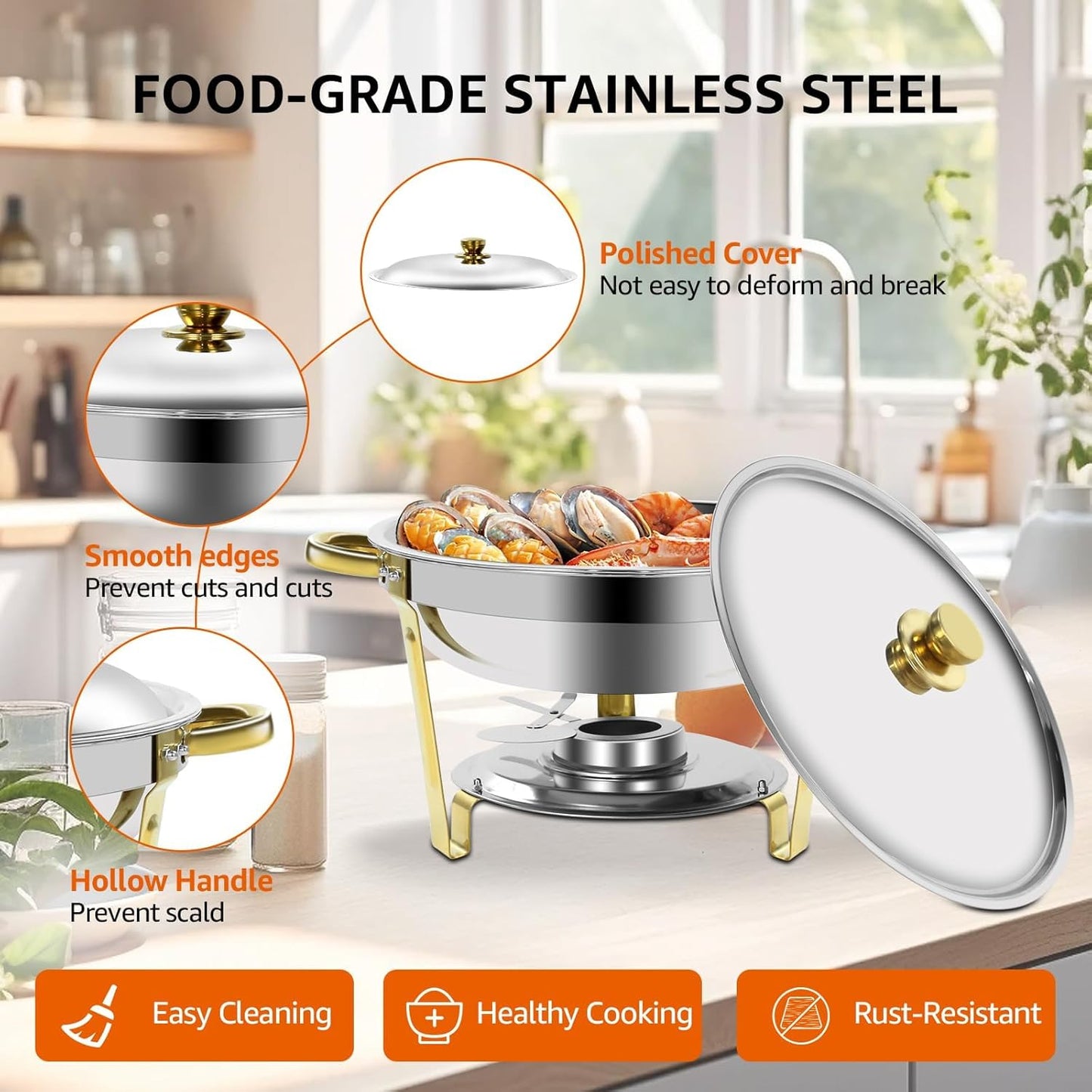 Gold & Silver Chafing Dishes for Buffet with Lid 5QT, 8 Pack - Food-Grade Stainless Steel Chafers and Buffet Warmers Sets with Lid Holder, Rolled Edge Design, for Party, Banquet