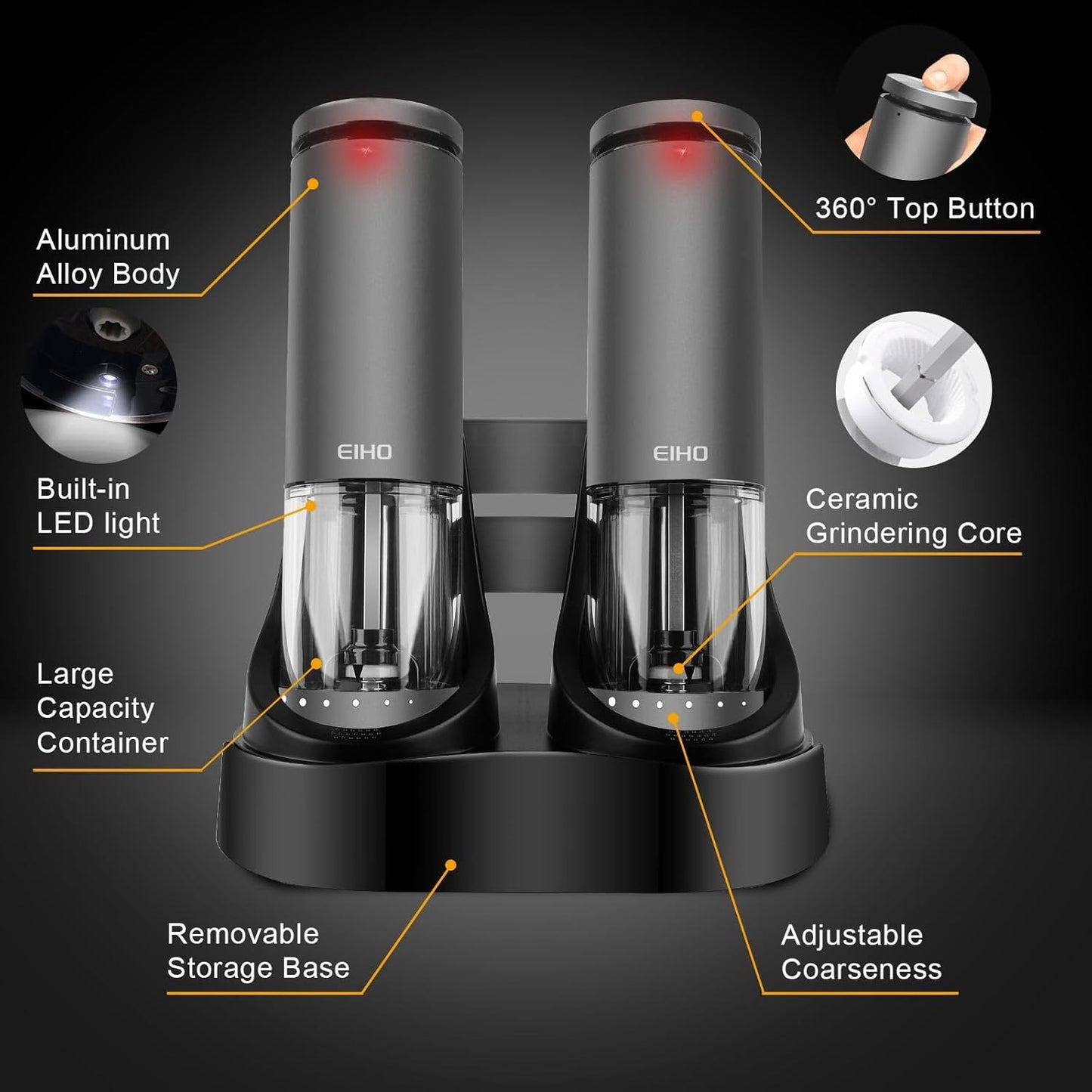 EIHO Electric Salt and Pepper Grinder Set USB Rechargeable, Upgraded External Adjustable Coarseness, Aluminum Alloy Automatic Salt and Pepper Shakers Mills with LED Light, House Warming Cooking Gifts