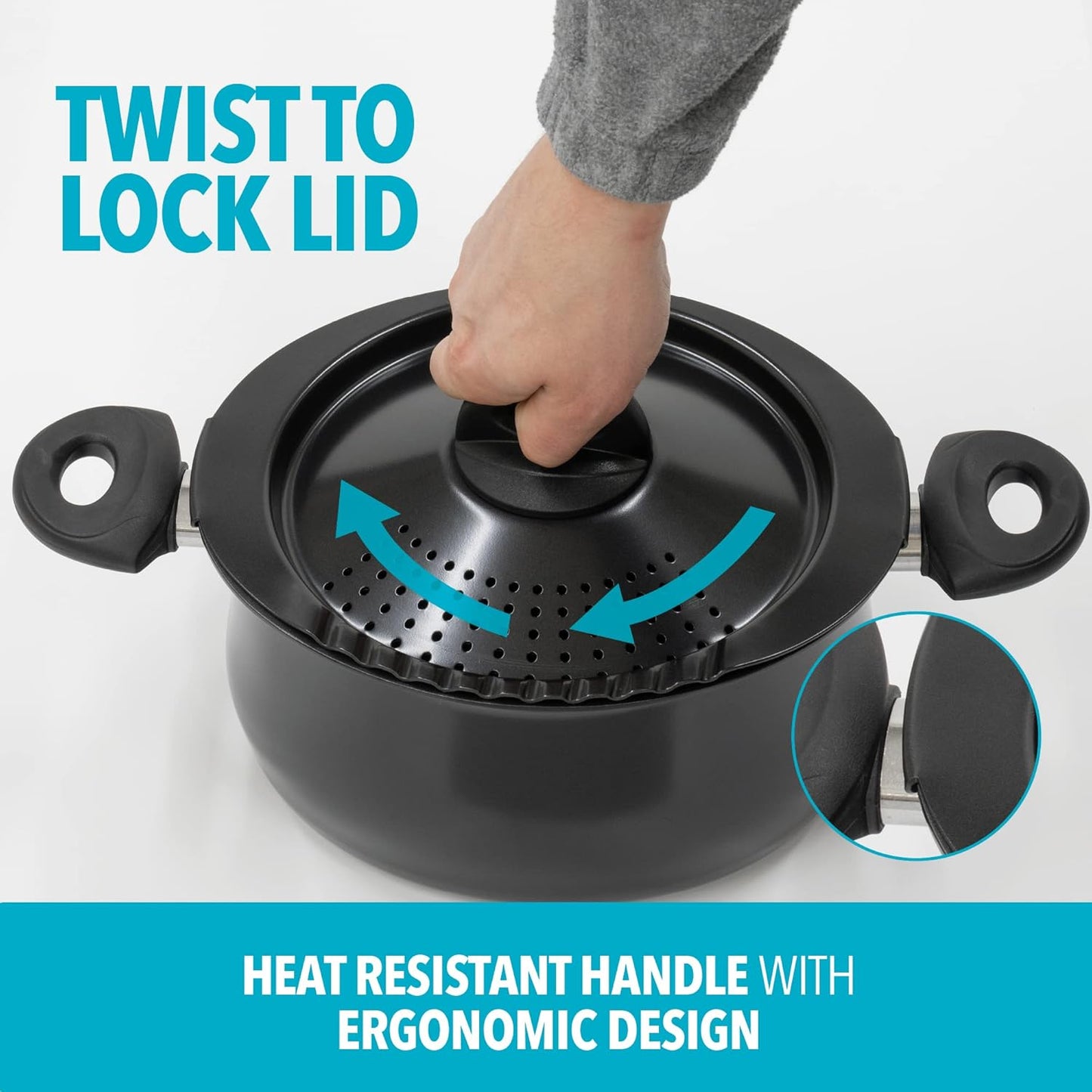 Bialetti 5.5-Quart Nonstick Aluminum Pasta Pot with Strainer Lid and Handles, PFOA-Free Nonstick Oval Cooking Pot and Lid, Black