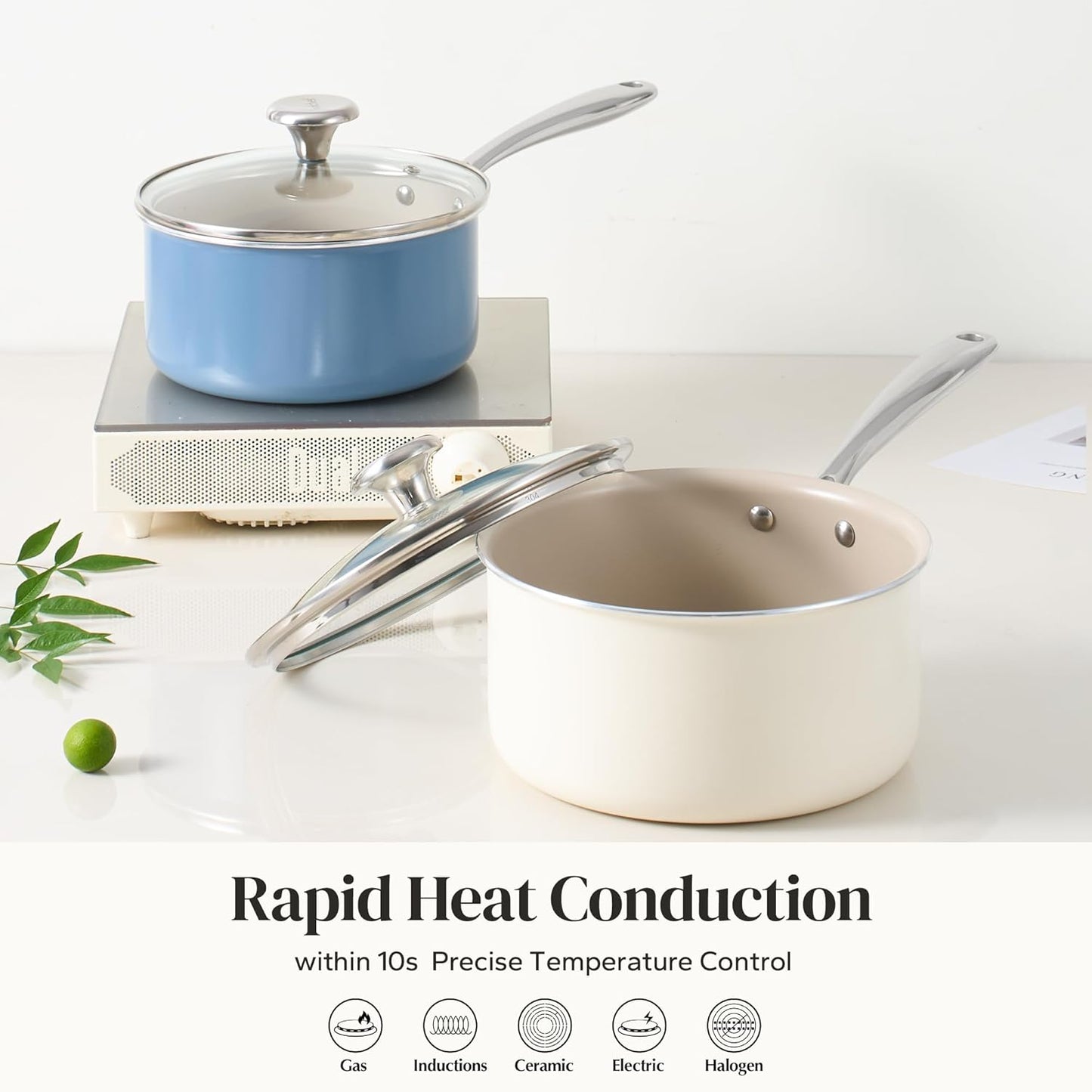 Redchef Nonstick Ceramic Sauce Pan With Lid, 3.5QT Small Cooking Pot with Stay-Cool Handle, Kitchen Non Toxic Soup Pot, PTFE & PFOA Free, Oven & Dishwasher Safe, Compatible with All Stovetops-Blue