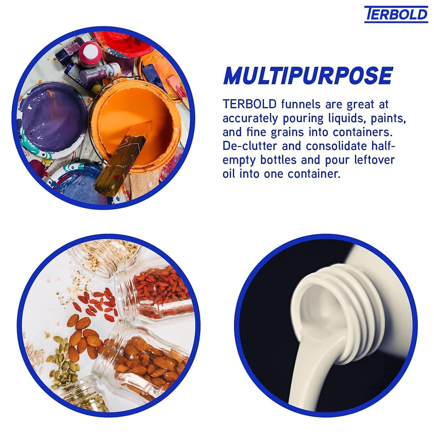 4pc Funnel Nesting Set in BPA Free Plastic for Kitchen Cooking, Car Oil, Home, or Lab Use (Black)