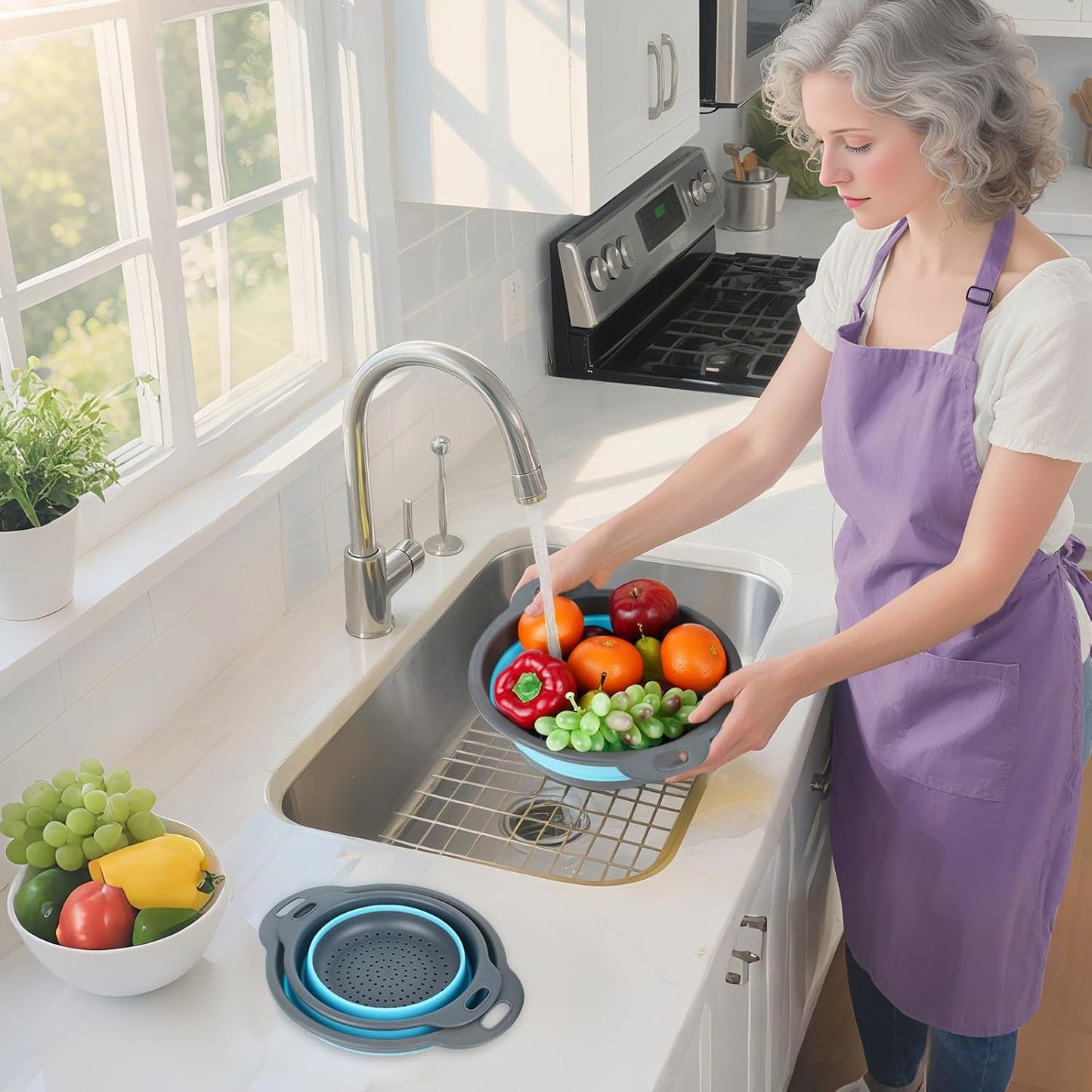 Collapsible Colander 3-Pack Set Space-Saving Foldable Kitchen Strainer with Non-Slip Base Durable Thickened PP+TPE Collapsible Strainers for Pasta, Vegetables, Fruits (Gray-Blue)