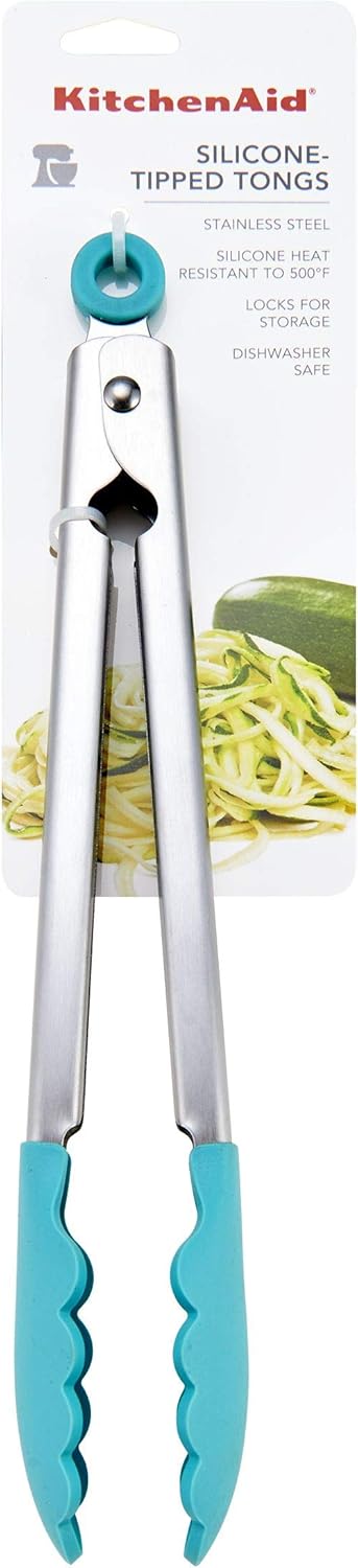 KitchenAid Silicone Tipped Stainless Steel Tongs, 12 Inch, Aqua Sky