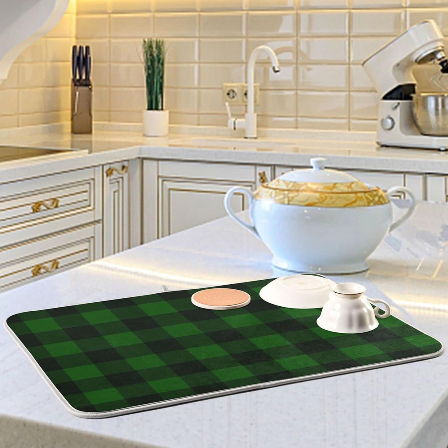 Senya Super Absorbent Dish Drying Mat, Microfiber Fast-Drying Dish Mat, 16/in x 18/in, Kitchen Dish Drying Pad Vintage Hunter Green Plaid