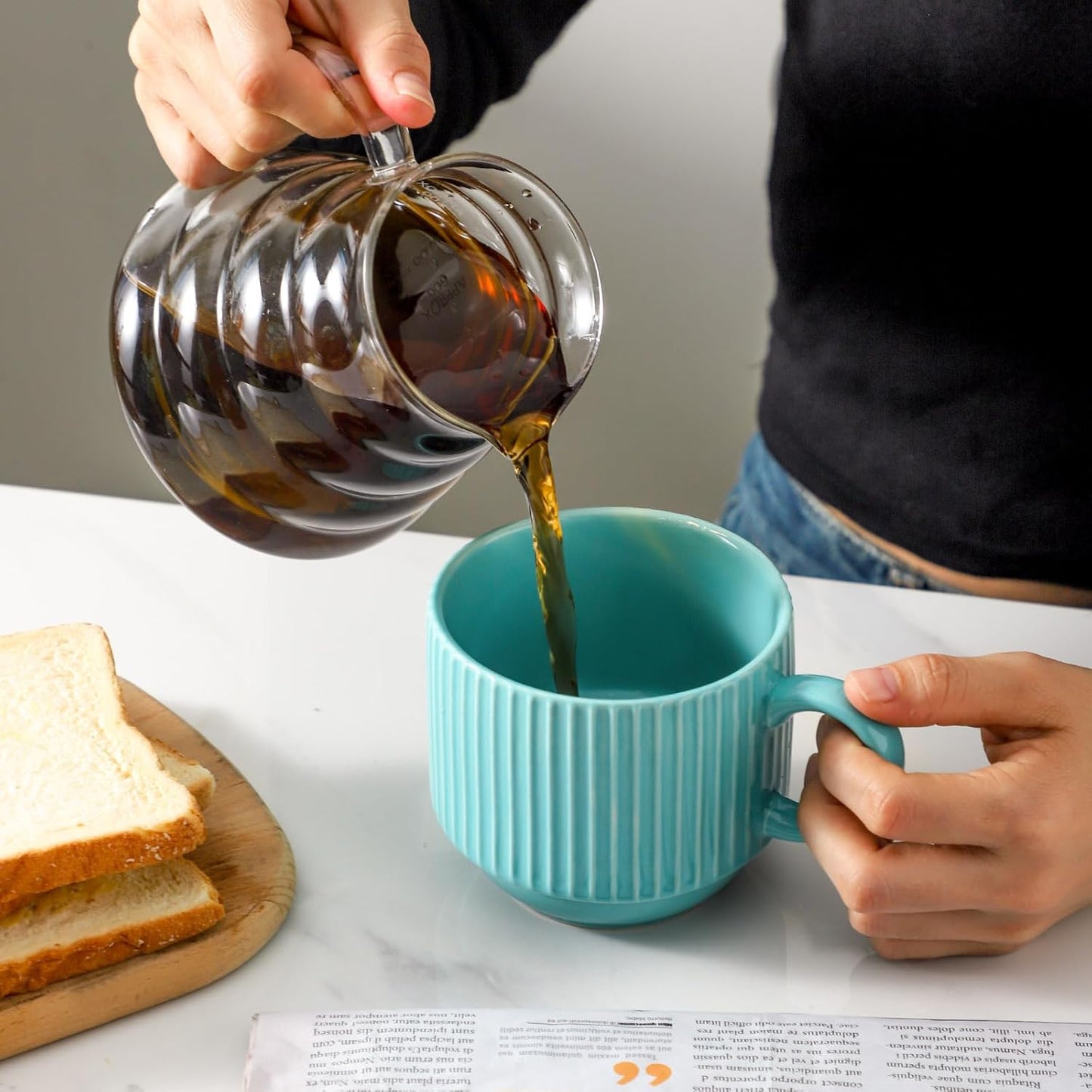 Hasense 15 oz Coffee Mug Set of 4 with Stand - Stackable Large Ceramic Ribbed Latte Cup Set for Cappuccino, Tea, Hot Cocoa, Drinks - Dishwasher & Microwave Safe, Turquoise