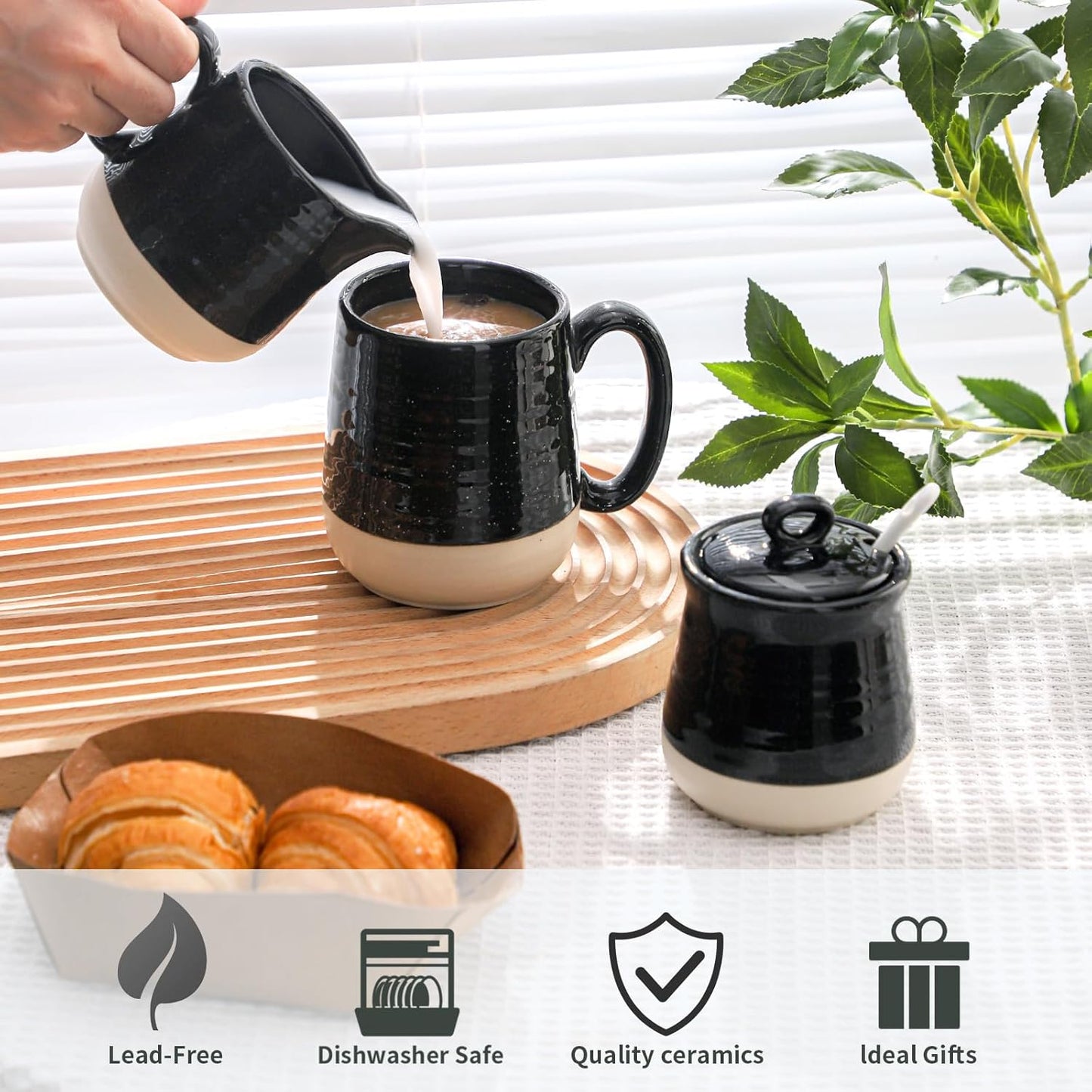 Hasense Sugar and Creamer Set, 3 Piece Porcelain Coffee Serving Set with Cream Pitcher, Sugar Bowl, Lid & Spoon, 10 Ounce Creamer Container and Sugar Pot, Farmhouse Decor (Black)