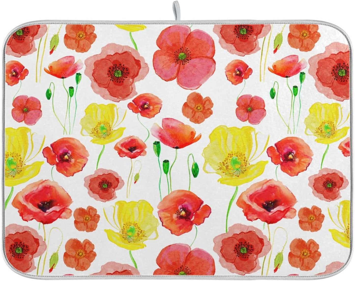 Yellow Red Poppy Flowers Dish Drying Mat for Kitchen Counter Absorbent Microfiber Drying Pad, Large 18x24 in, Reversible Drainer Mats