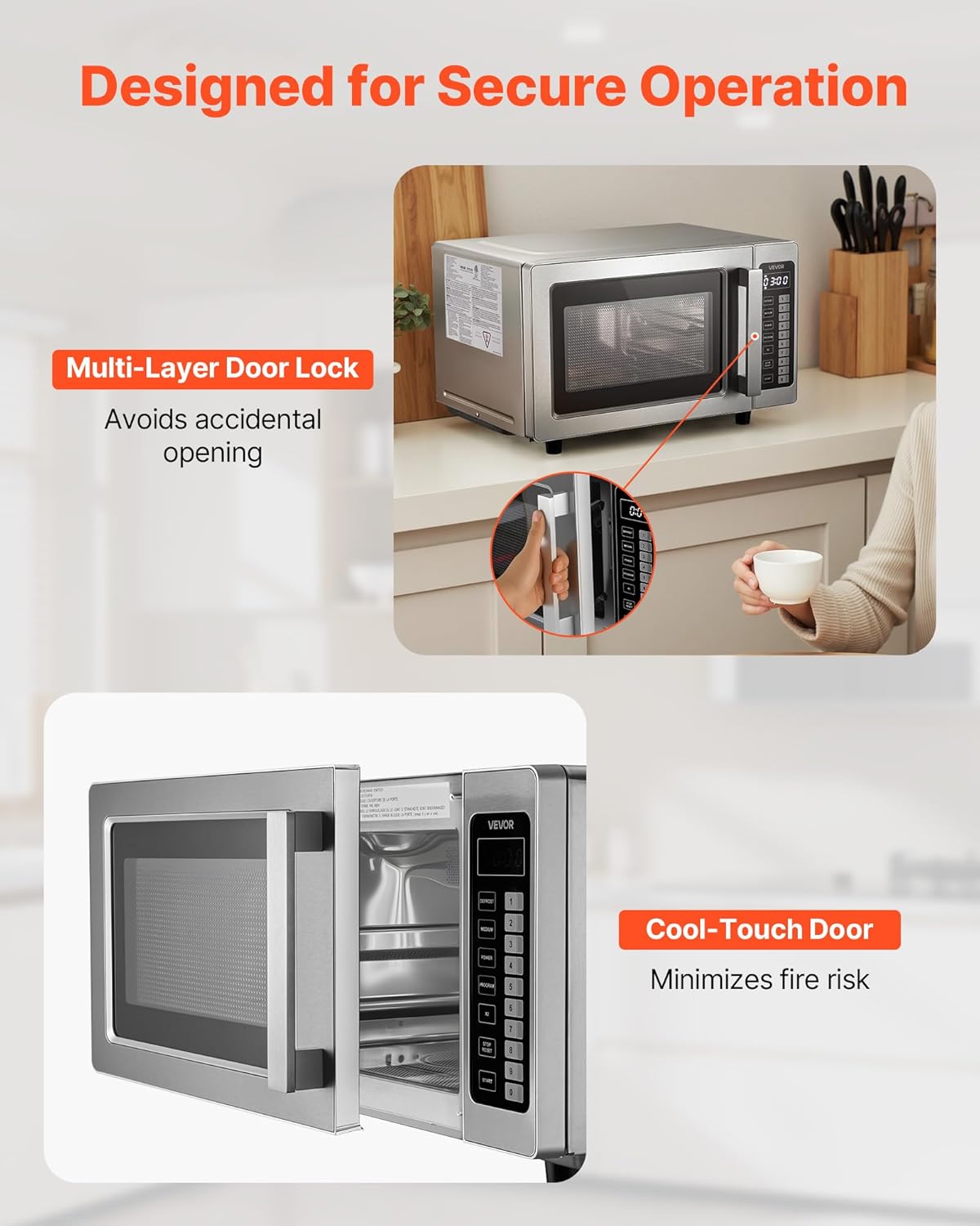 VEVOR Countertop Microwave Oven, 0.9 Cu Ft, 1000W Digital Stainless Steel Microwave Oven with Touchscreen, 10 Cooking Presets, 5 Power Levels, Multi-Lock Door & Easy Clean Interior for Commercial Use