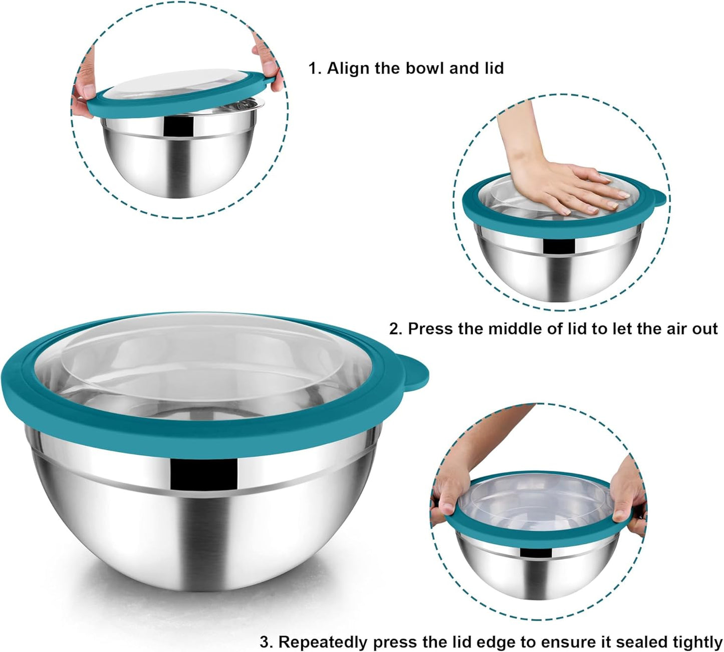 TeamFar Mixing Bowl Set, 4.5/3/1.5 QT Stainless Steel Nesting Salad Bowls with Airtight Lids, For Serving/Mixing/Storing/Prepping, Non-Toxic & Sturdy, Visible & Easy Clean, Dark Blue, Set of 3