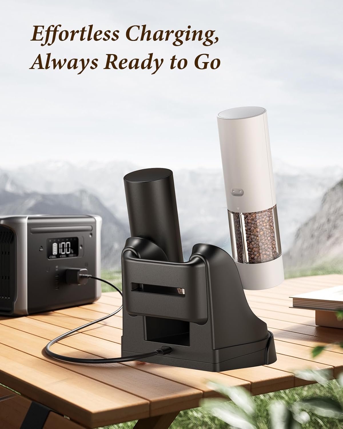 Electric Salt and Pepper Grinder Set - Automatic Refillable Salt and Pepper Grinders with Charging Base & LED Light, 6-Level Adjustable Coarseness with External Dial, Ideal Kitchen Gadget๏ผBlack& White