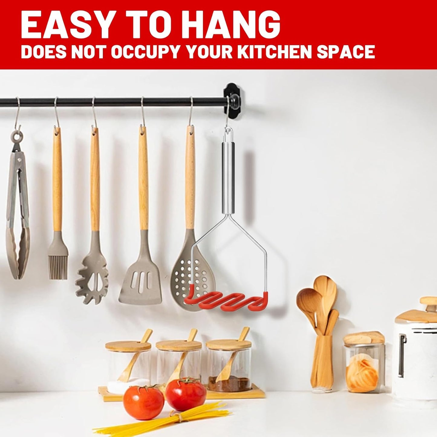 SHIKORI Non-Scratch Silicone Potato Masher Kitchen Tool, Potatoes Masher Potato Masher Stainless Steel Wrapped In Premium Silicone, Potato Smasher 2 Pcs-Black