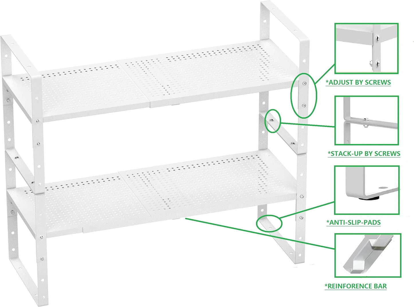 Expandable Shoe Rack Stackable Metal Pantry Storage Shelves Stand Adjustable Height Cabinet Shelf Organizer Racks Spice Shelving(3PACKS/WHITE,LARGE)